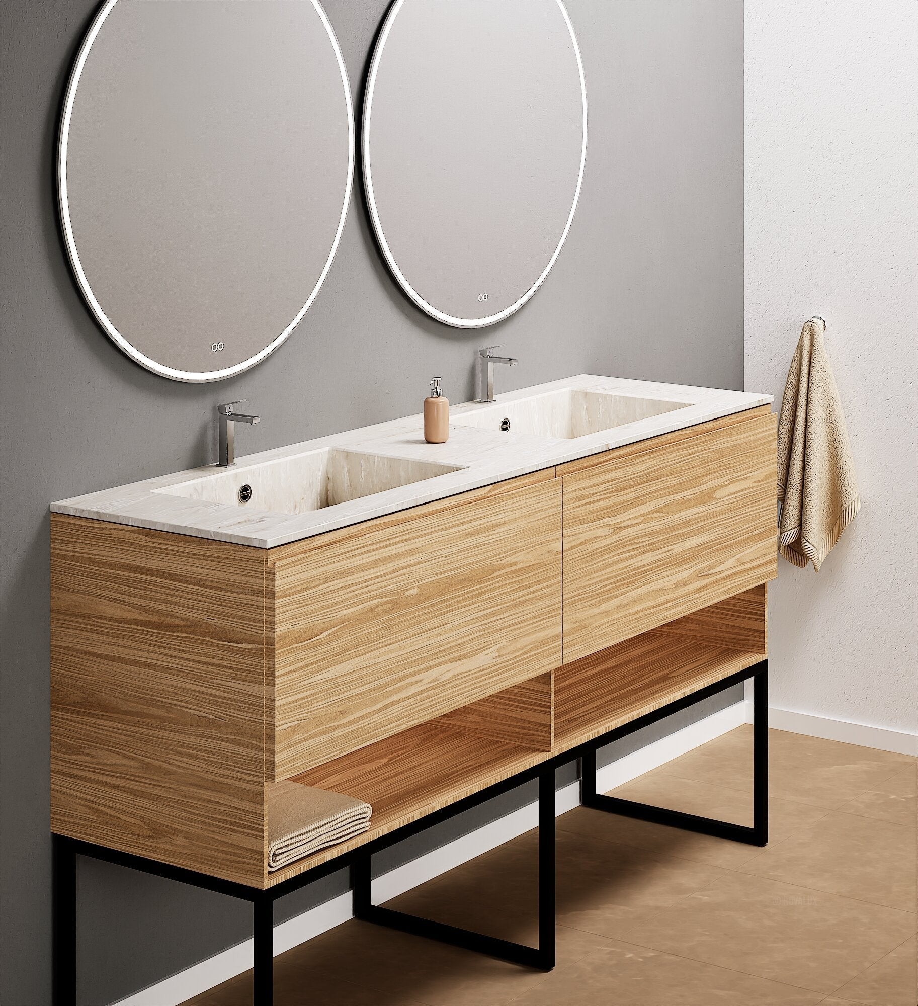 Aurora – Double Corian® Basin Unit with 2 Aligned Drawers, Bottom Shelves, and Feet-Standing Vanity - ROVALUX