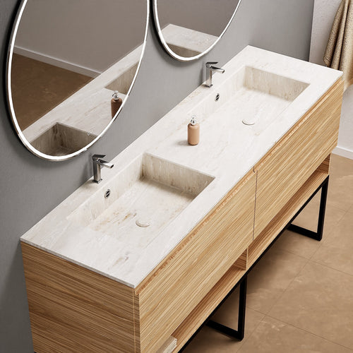 Aurora – Double Corian® Basin Unit with 2 Aligned Drawers, Bottom Shelves, and Feet-Standing Vanity - ROVALUX