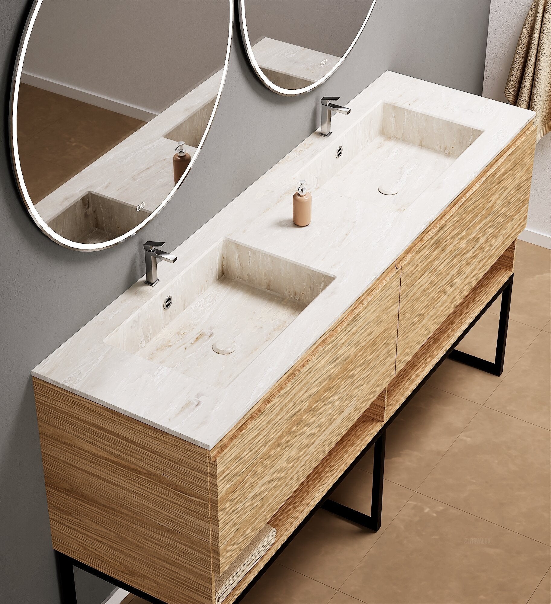 Aurora – Double Corian® Basin Unit with 2 Aligned Drawers, Bottom Shelves, and Feet-Standing Vanity - ROVALUX