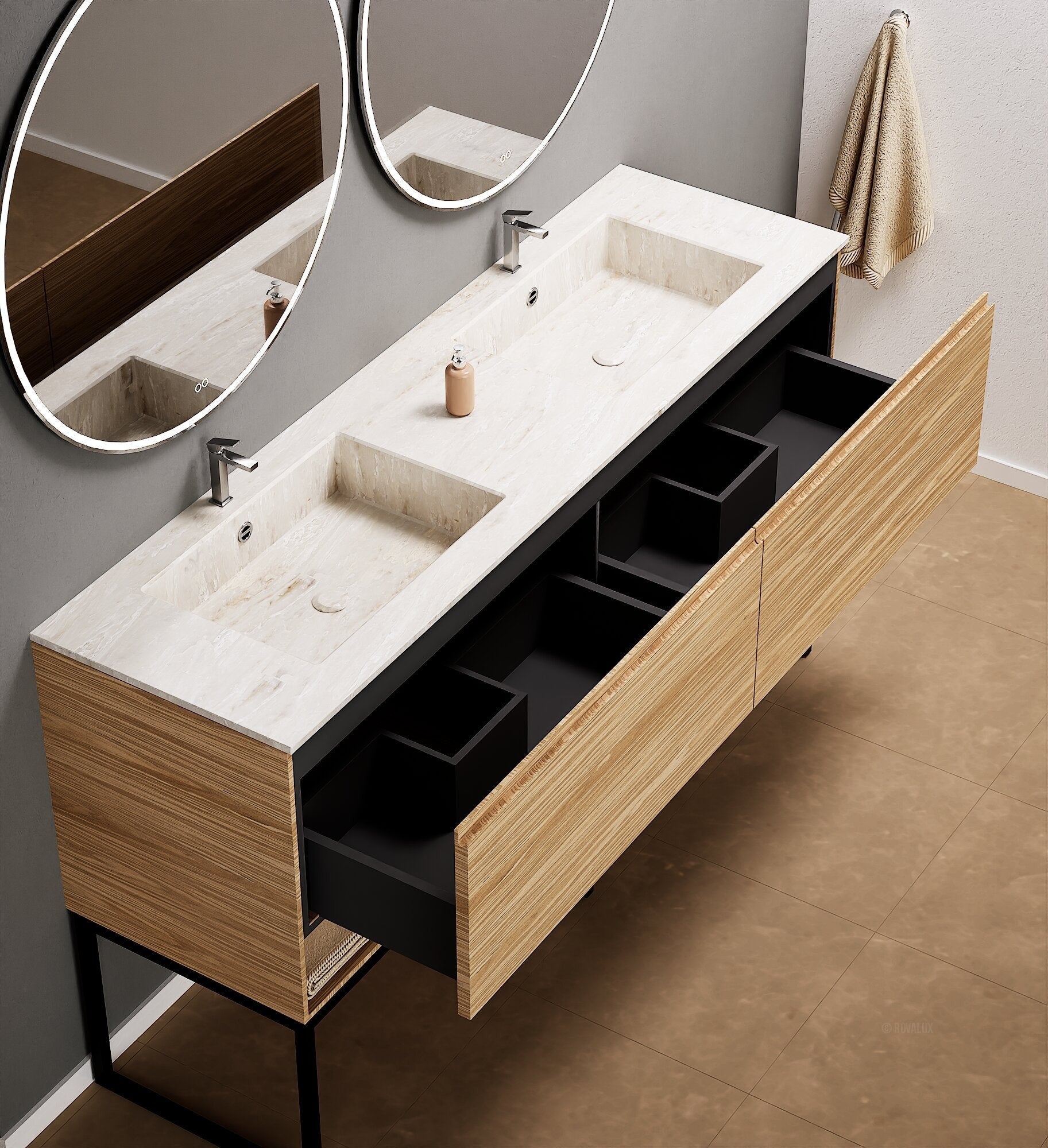 Aurora – Double Corian® Basin Unit with 2 Aligned Drawers, Bottom Shelves, and Feet-Standing Vanity - ROVALUX