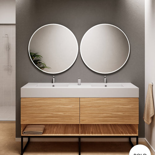 Aurora – Double Corian® Basin Unit with 2 Aligned Drawers, Bottom Shelves, and Feet-Standing Vanity - ROVALUX
