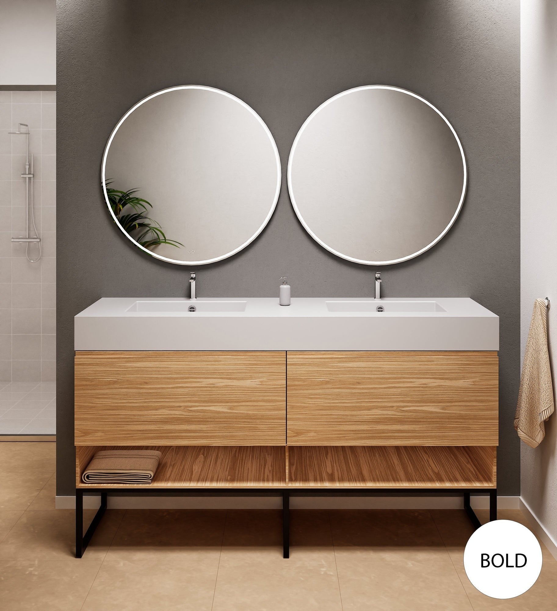 Aurora – Double Corian® Basin Unit with 2 Aligned Drawers, Bottom Shelves, and Feet-Standing Vanity - ROVALUX