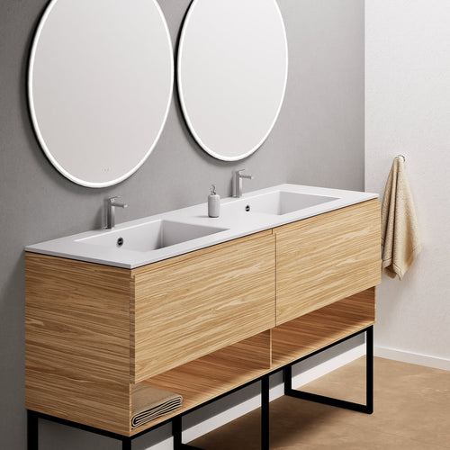Aurora – Double Corian® Basin Unit with 2 Aligned Drawers, Bottom Shelves, and Feet-Standing Vanity - ROVALUX