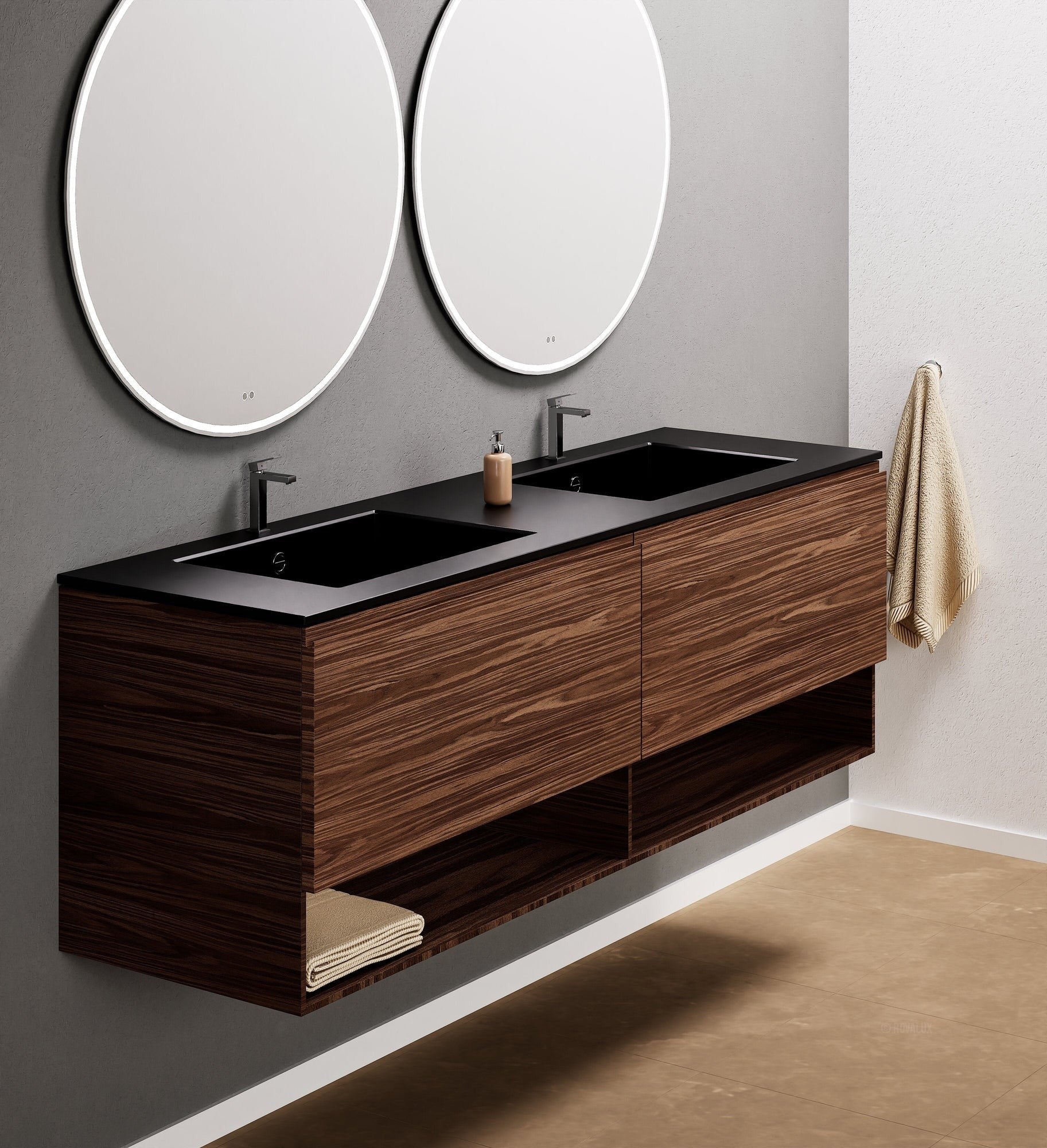 Aurora – Double Corian® Basin Unit with 2 Aligned Drawers and buttom Shelves - ROVALUX