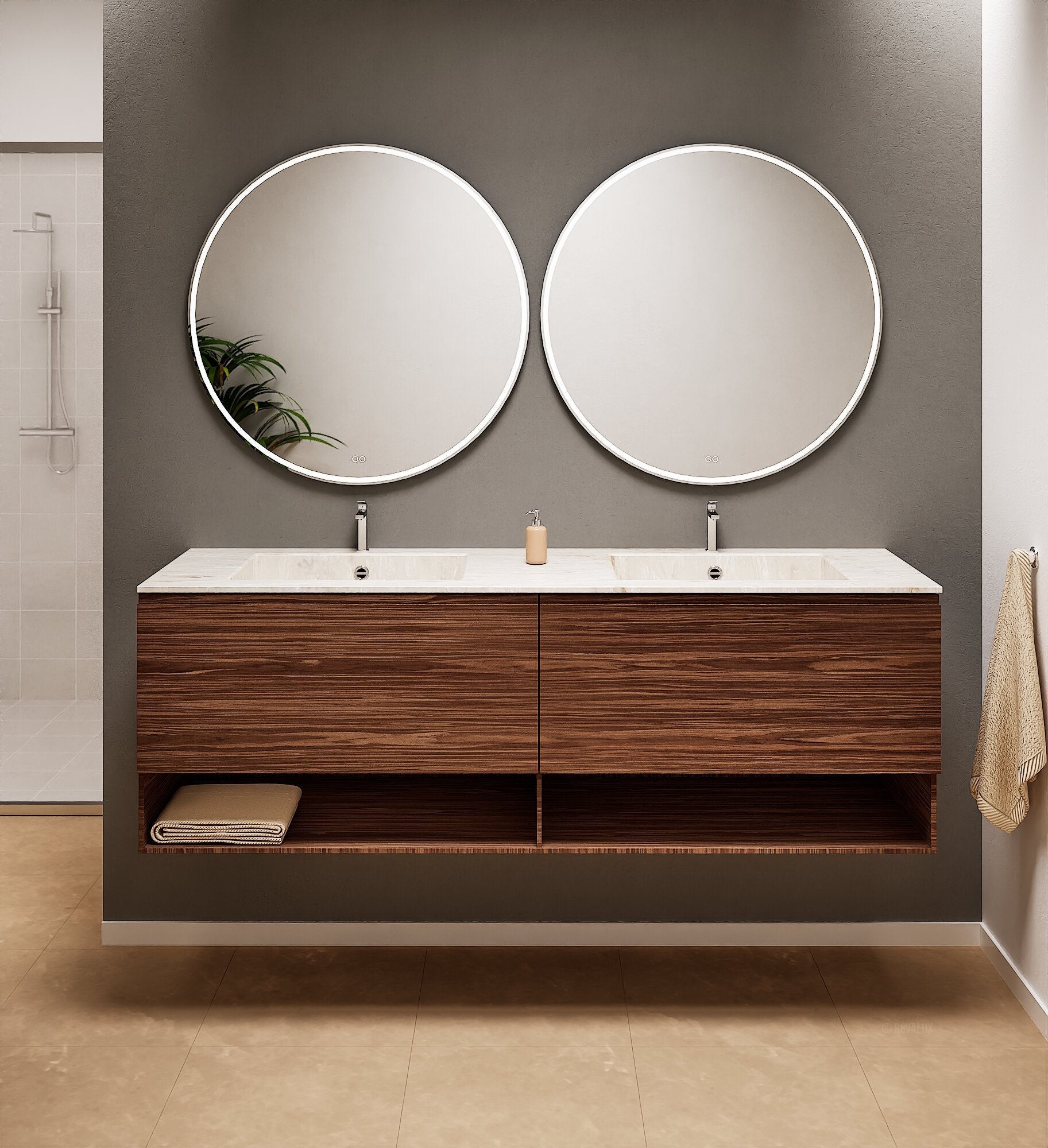 Aurora – Double Corian® Basin Unit with 2 Aligned Drawers and buttom Shelves - ROVALUX