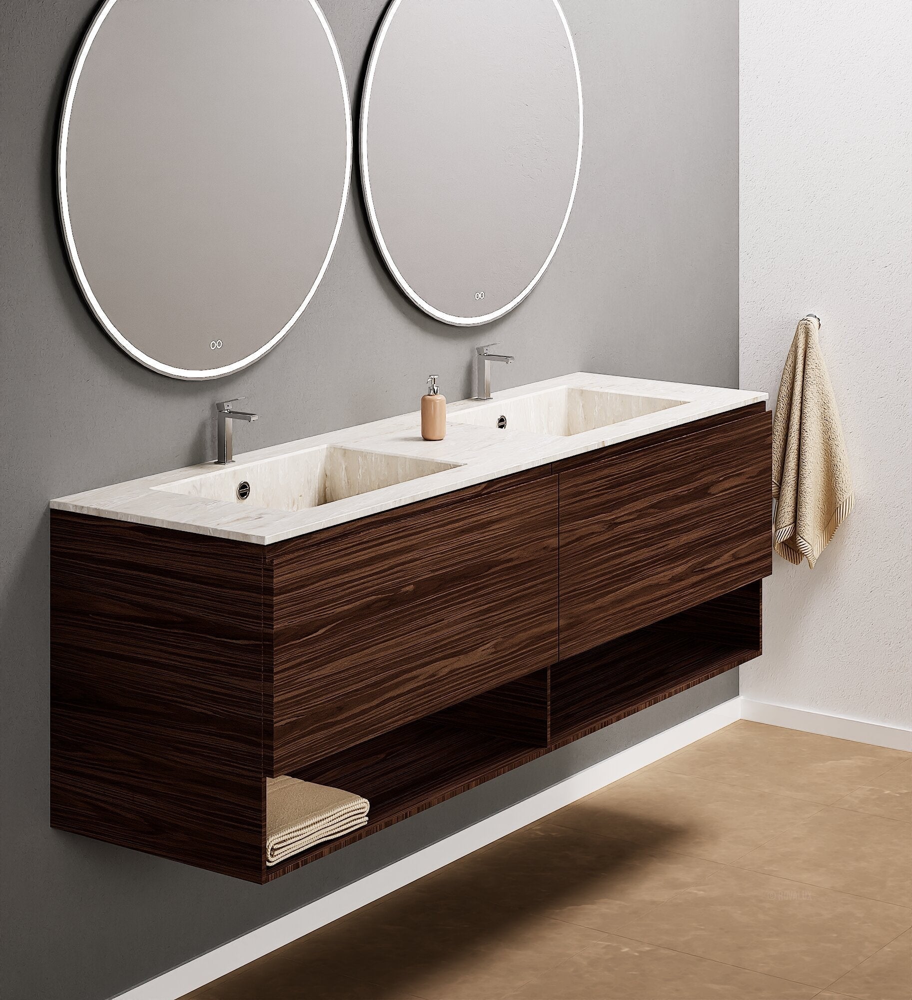 Aurora – Double Corian® Basin Unit with 2 Aligned Drawers and buttom Shelves - ROVALUX