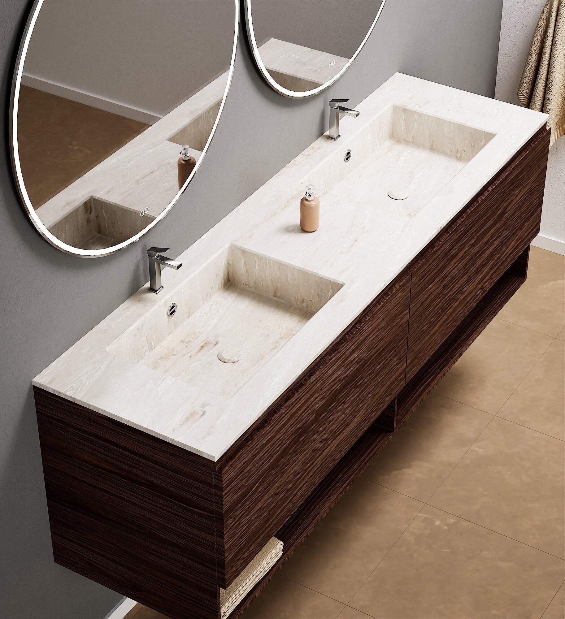 Aurora – Double Corian® Basin Unit with 2 Aligned Drawers and buttom Shelves - ROVALUX