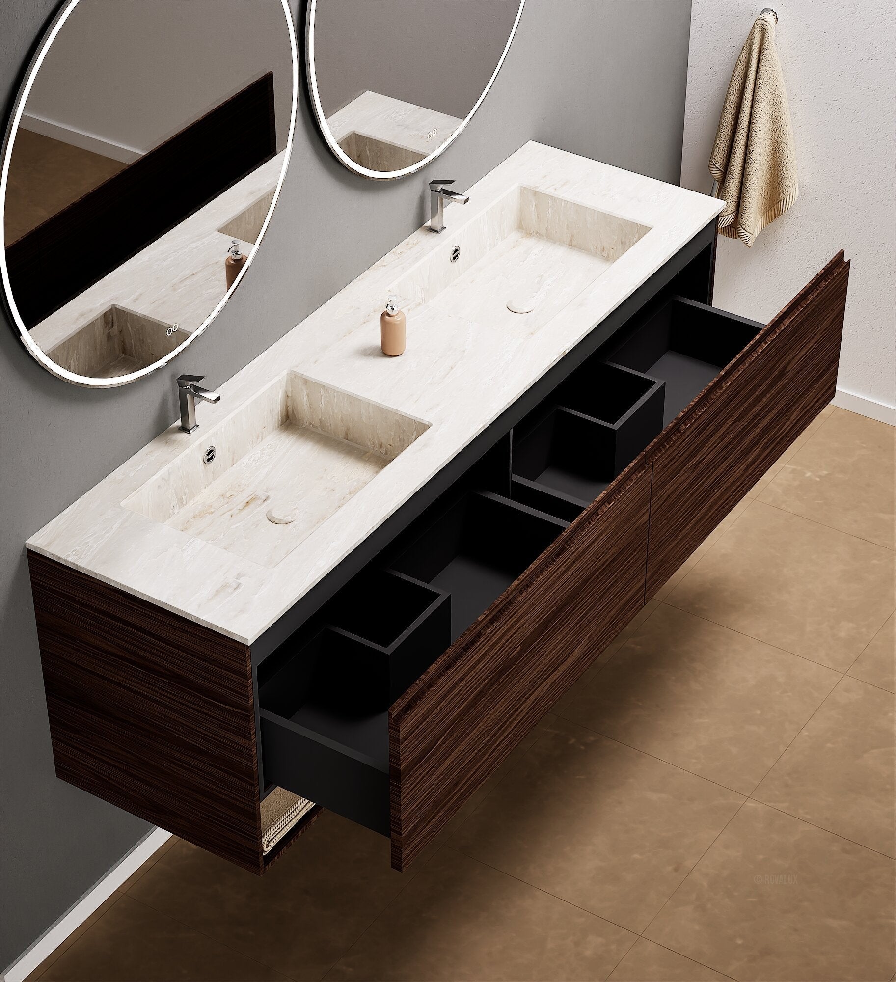 Aurora – Double Corian® Basin Unit with 2 Aligned Drawers and buttom Shelves - ROVALUX