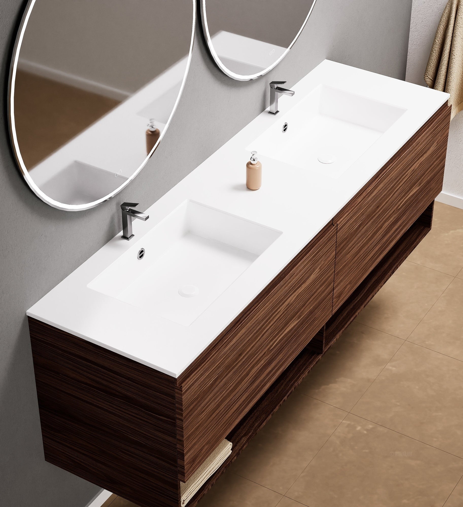 Aurora – Double Corian® Basin Unit with 2 Aligned Drawers and buttom Shelves - ROVALUX