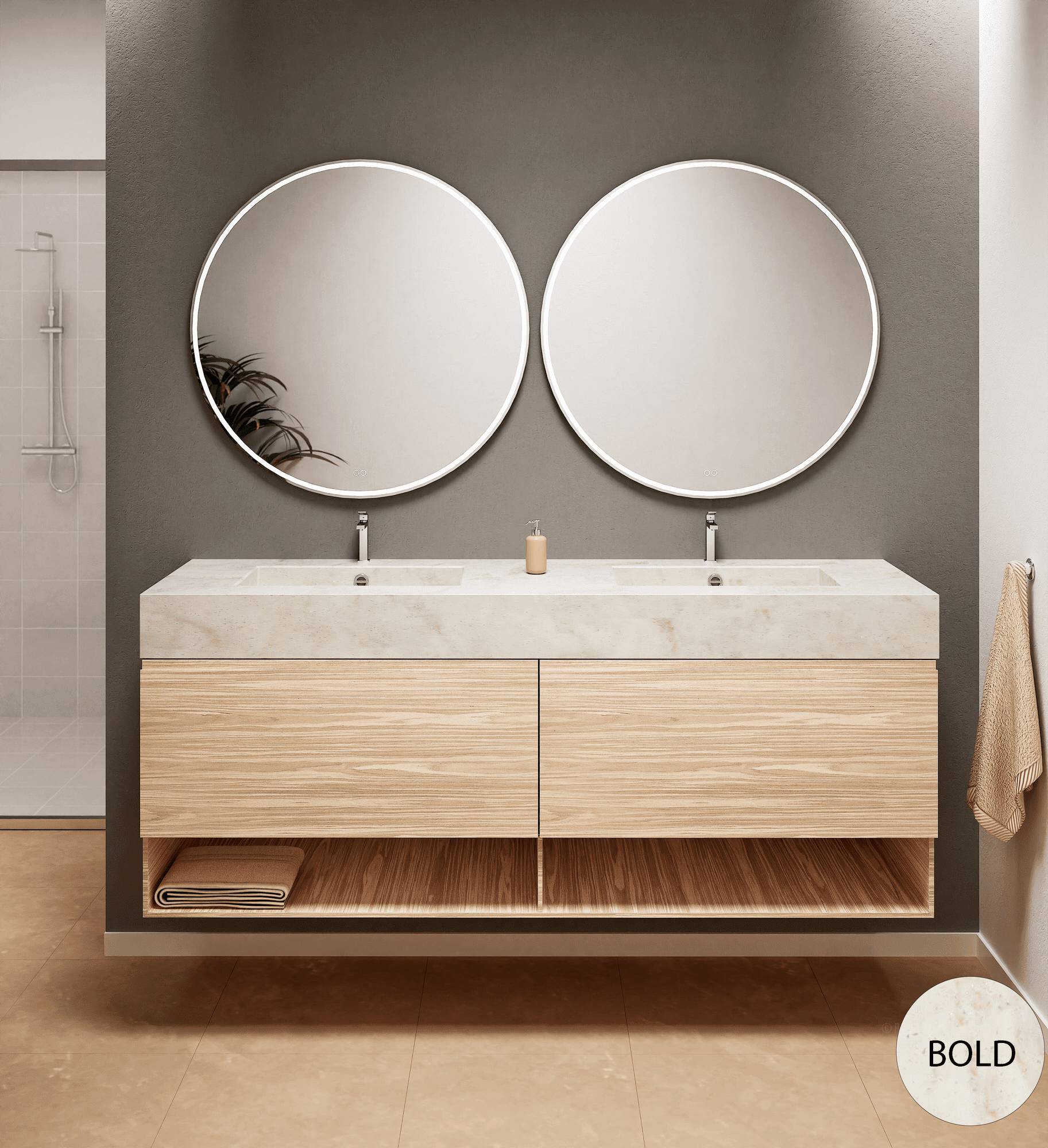 Aurora – Double Corian® Basin Unit with 2 Aligned Drawers and buttom Shelves - ROVALUX
