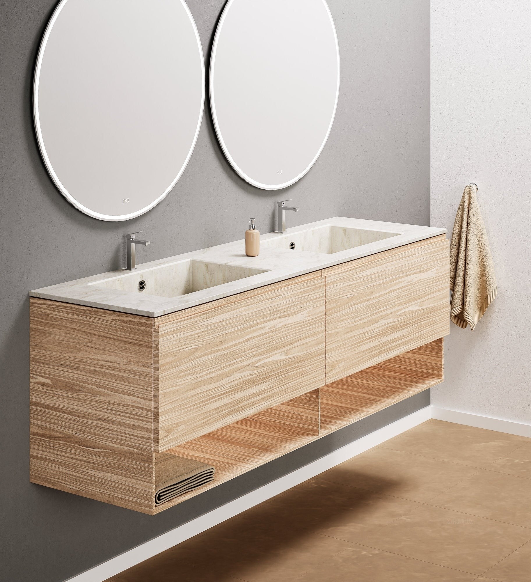 Aurora – Double Corian® Basin Unit with 2 Aligned Drawers and buttom Shelves - ROVALUX