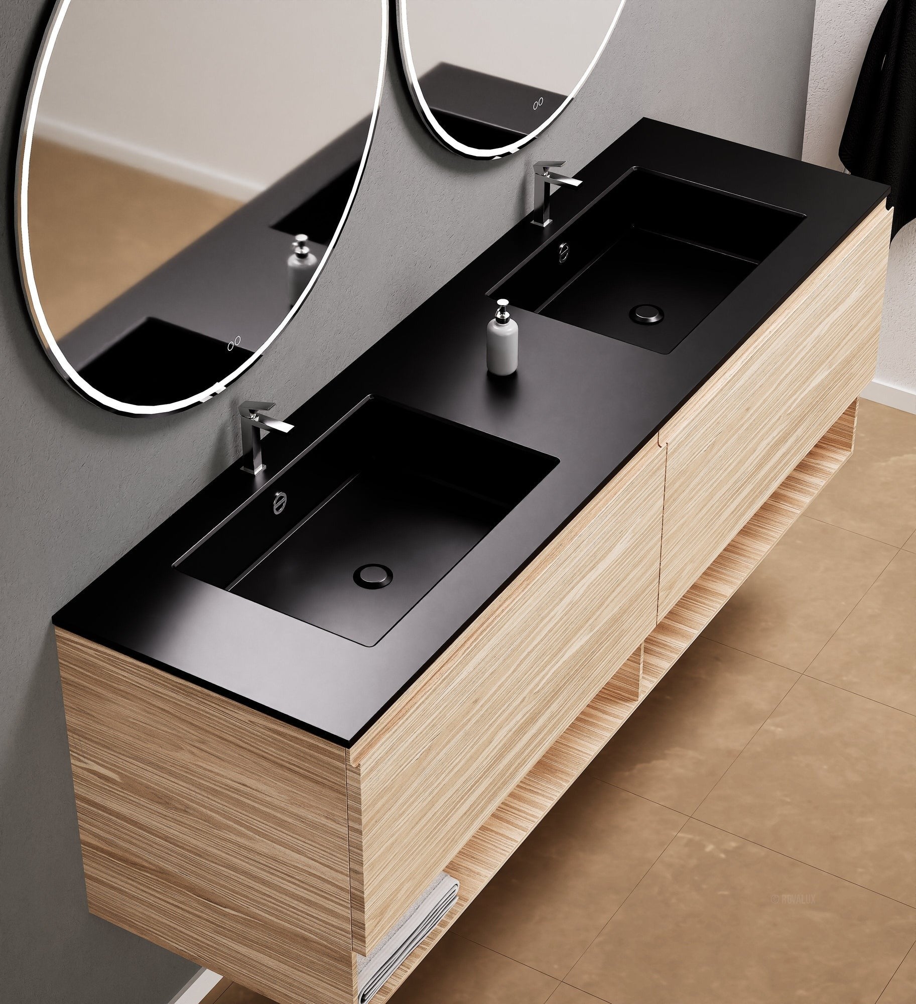 Aurora – Double Corian® Basin Unit with 2 Aligned Drawers and buttom Shelves - ROVALUX