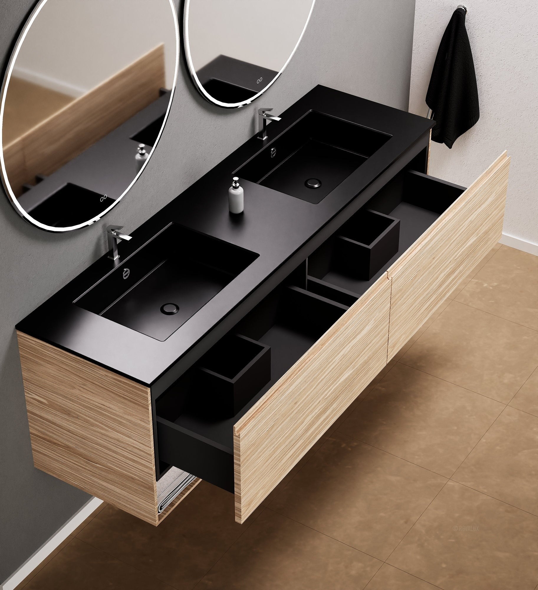 Aurora – Double Corian® Basin Unit with 2 Aligned Drawers and buttom Shelves - ROVALUX