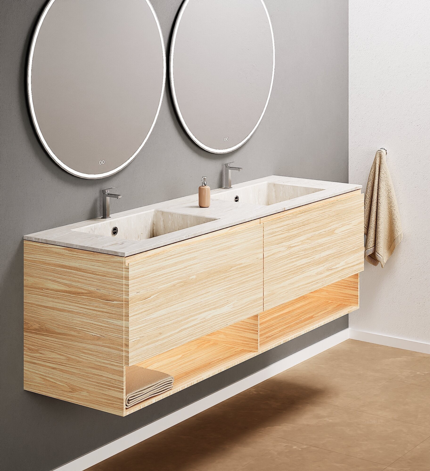 Aurora – Double Corian® Basin Unit with 2 Aligned Drawers and buttom Shelves - ROVALUX