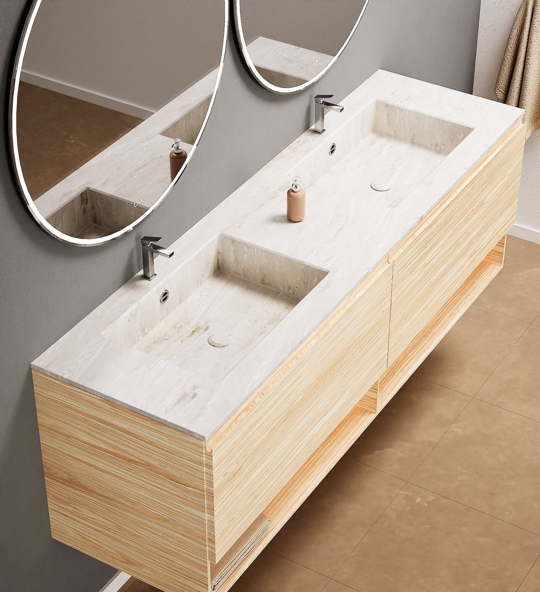 Aurora – Double Corian® Basin Unit with 2 Aligned Drawers and buttom Shelves - ROVALUX