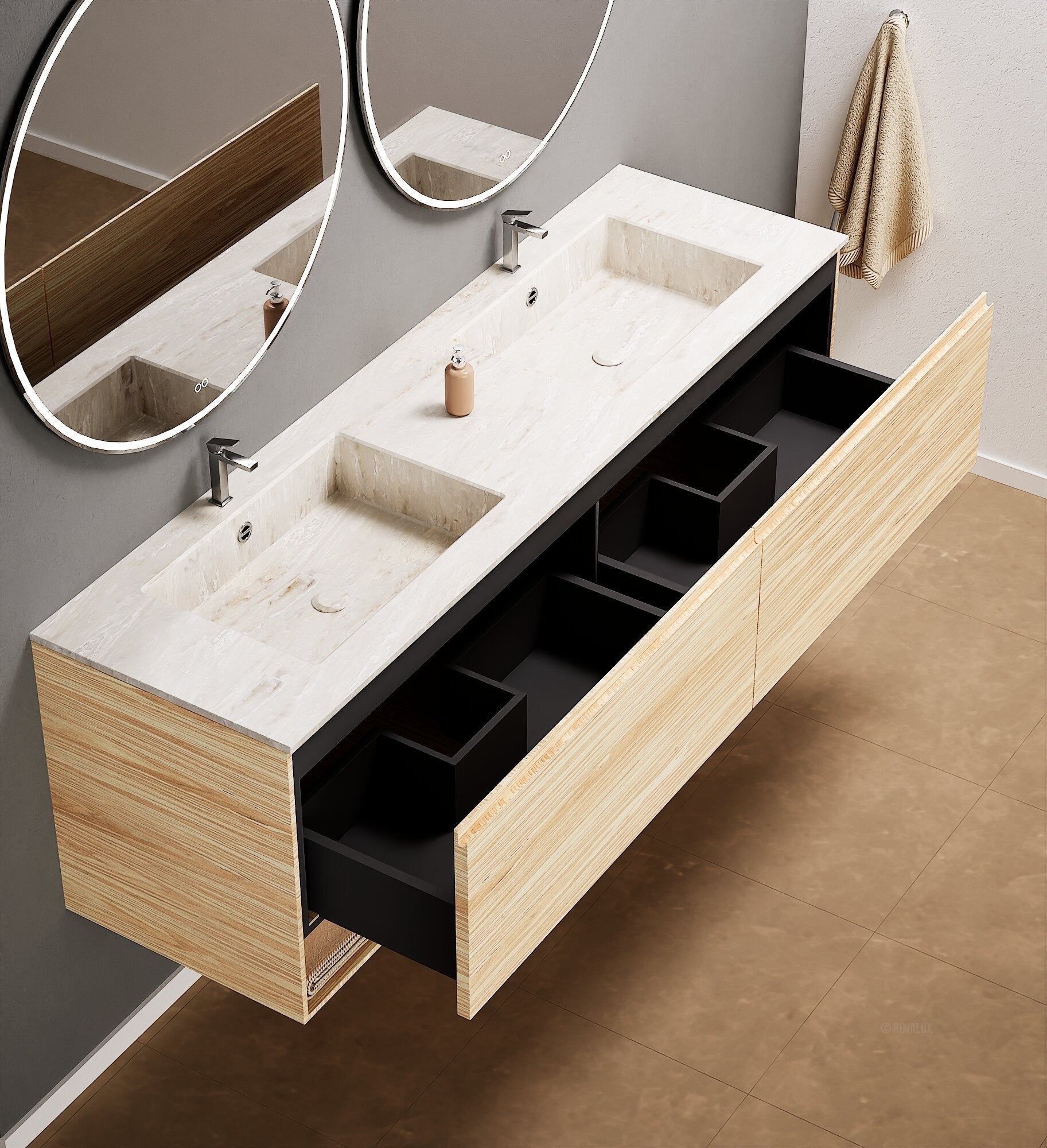 Aurora – Double Corian® Basin Unit with 2 Aligned Drawers and buttom Shelves - ROVALUX