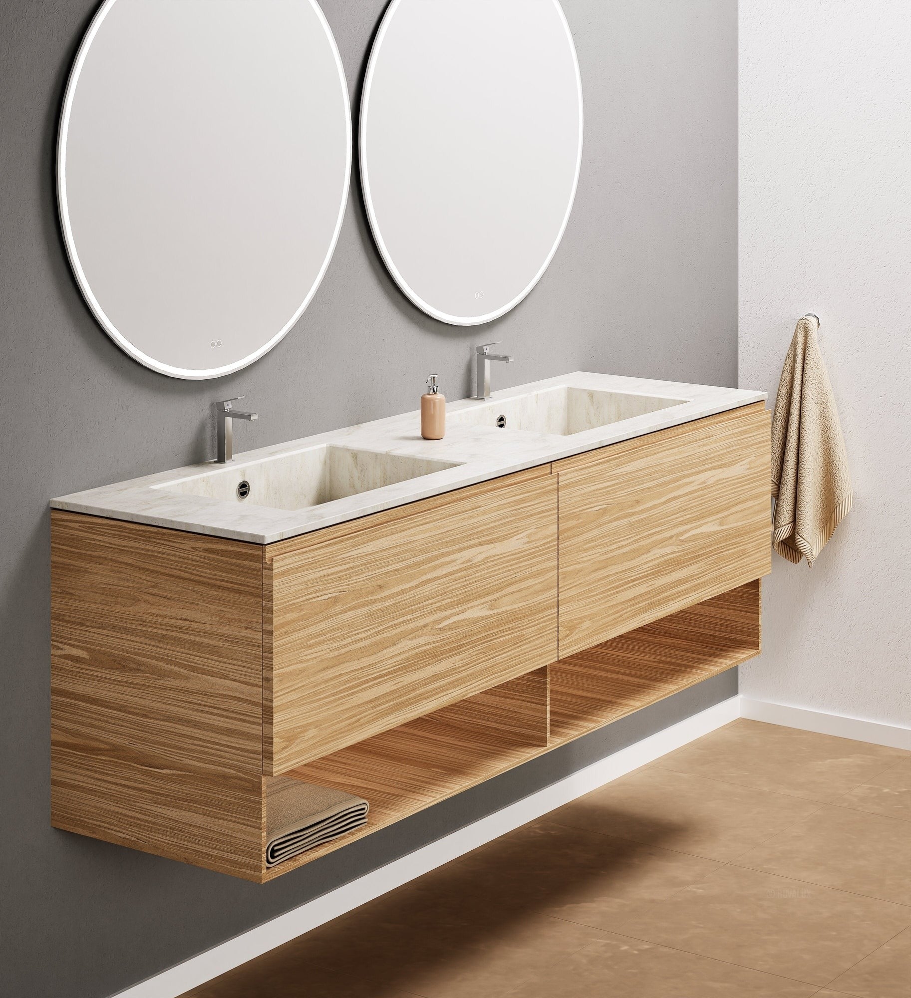 Aurora – Double Corian® Basin Unit with 2 Aligned Drawers and buttom Shelves - ROVALUX