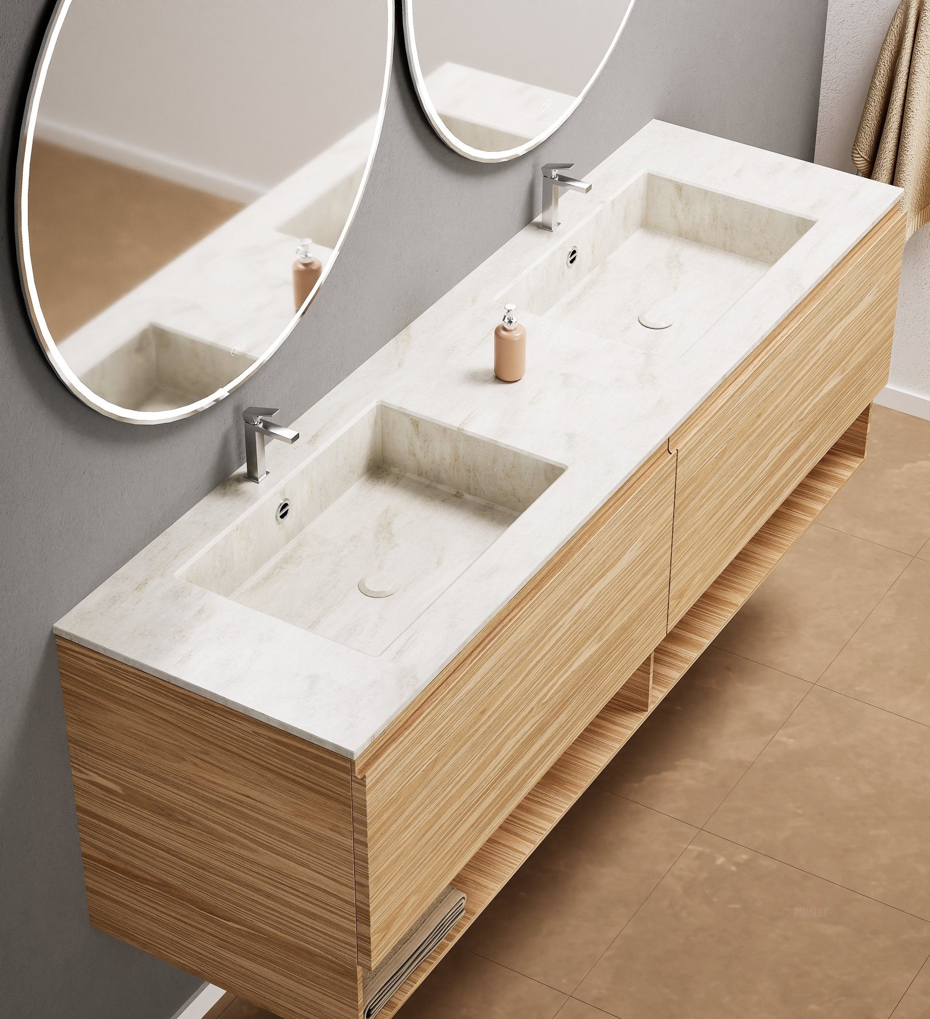 Aurora – Double Corian® Basin Unit with 2 Aligned Drawers and buttom Shelves - ROVALUX