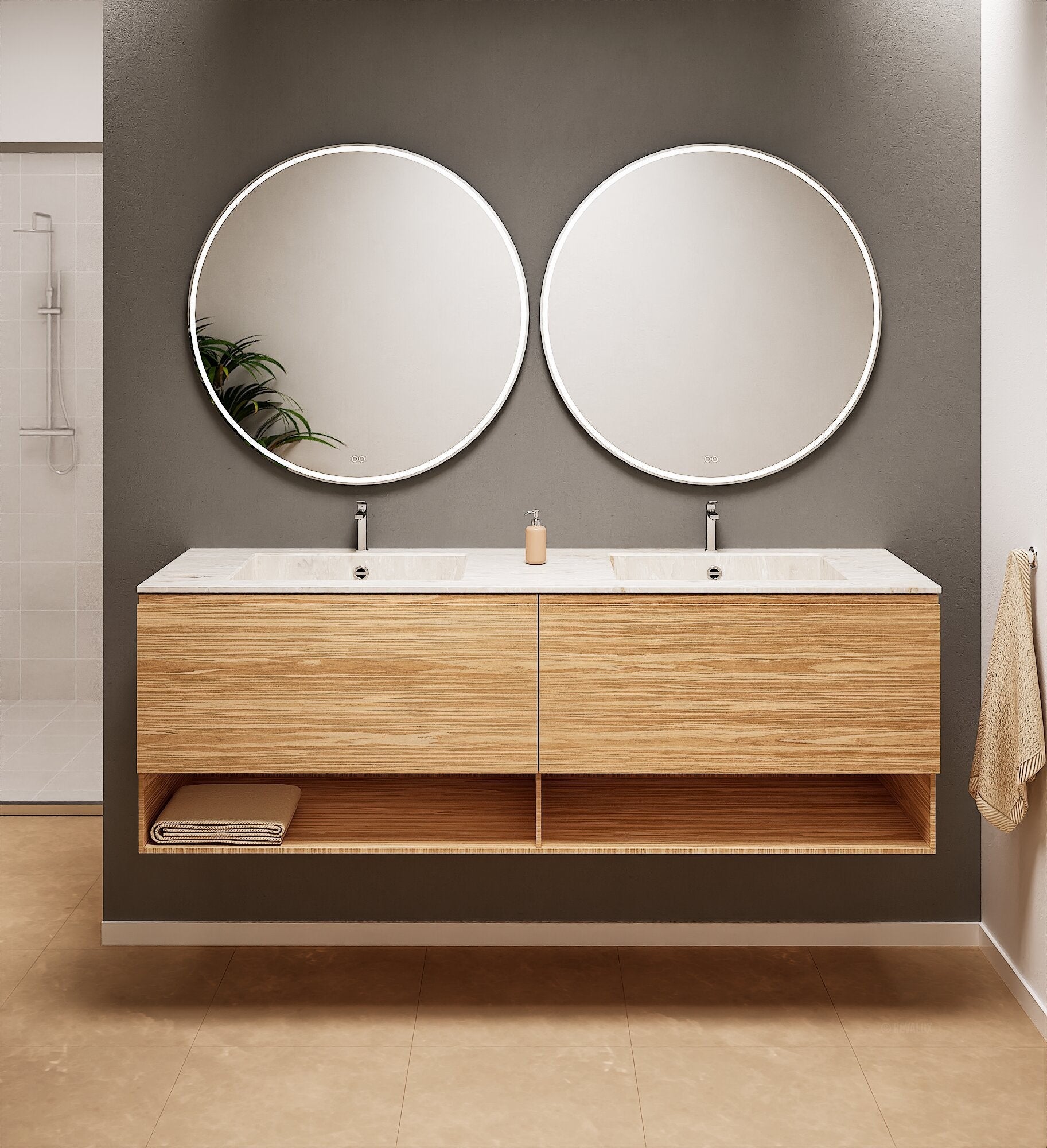 Aurora – Double Corian® Basin Unit with 2 Aligned Drawers and buttom Shelves - ROVALUX