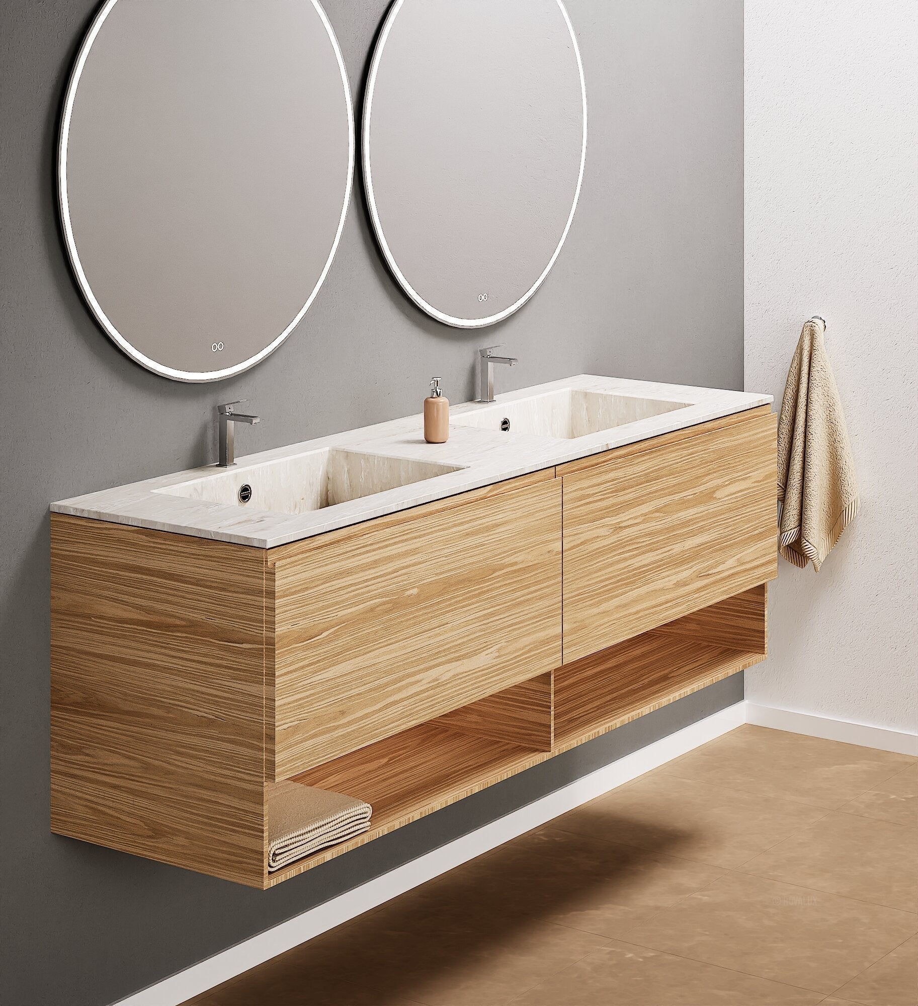 Aurora – Double Corian® Basin Unit with 2 Aligned Drawers and buttom Shelves - ROVALUX