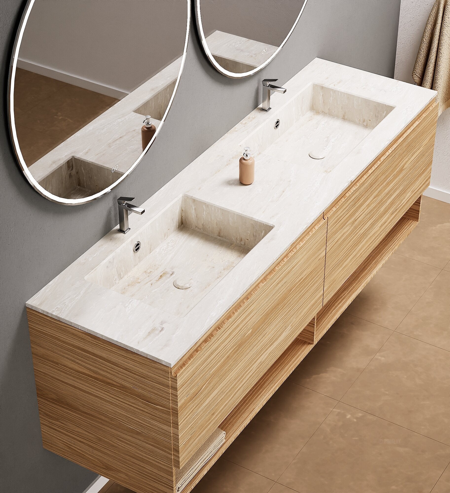 Aurora – Double Corian® Basin Unit with 2 Aligned Drawers and buttom Shelves - ROVALUX