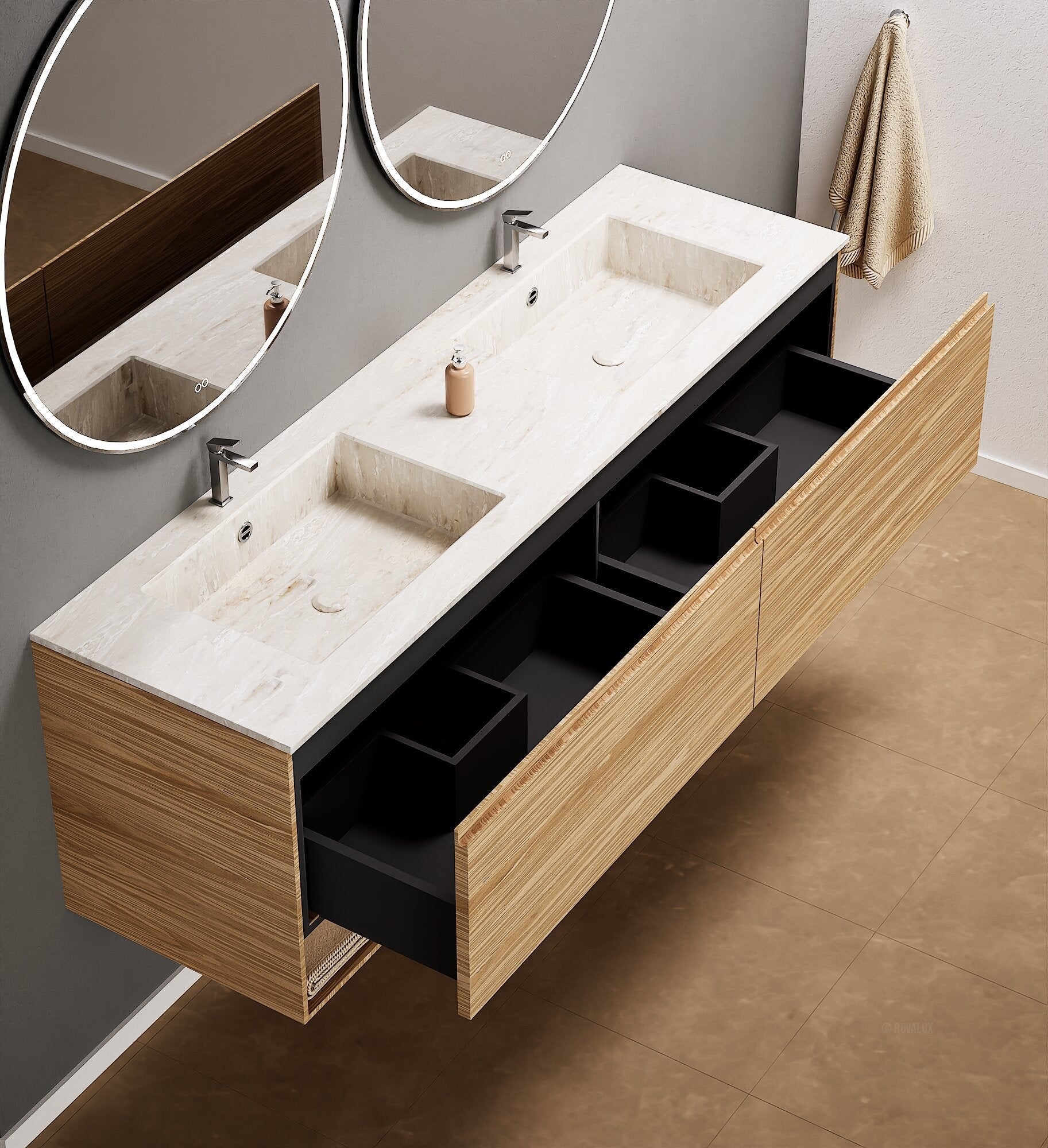 Aurora – Double Corian® Basin Unit with 2 Aligned Drawers and buttom Shelves - ROVALUX