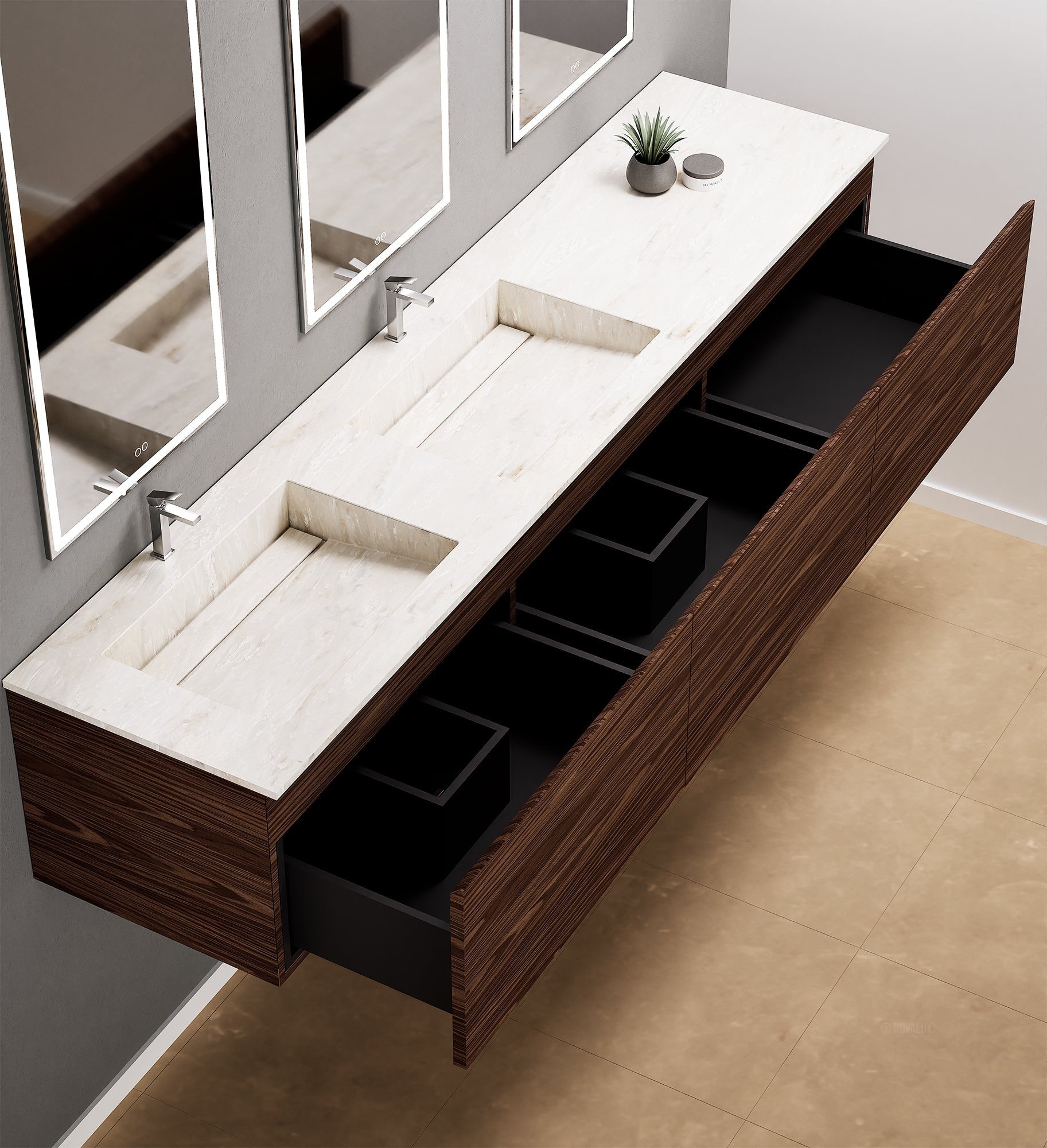 Aurora – Double Corian® Basin Unit with 3 Aligned Drawers - ROVALUX