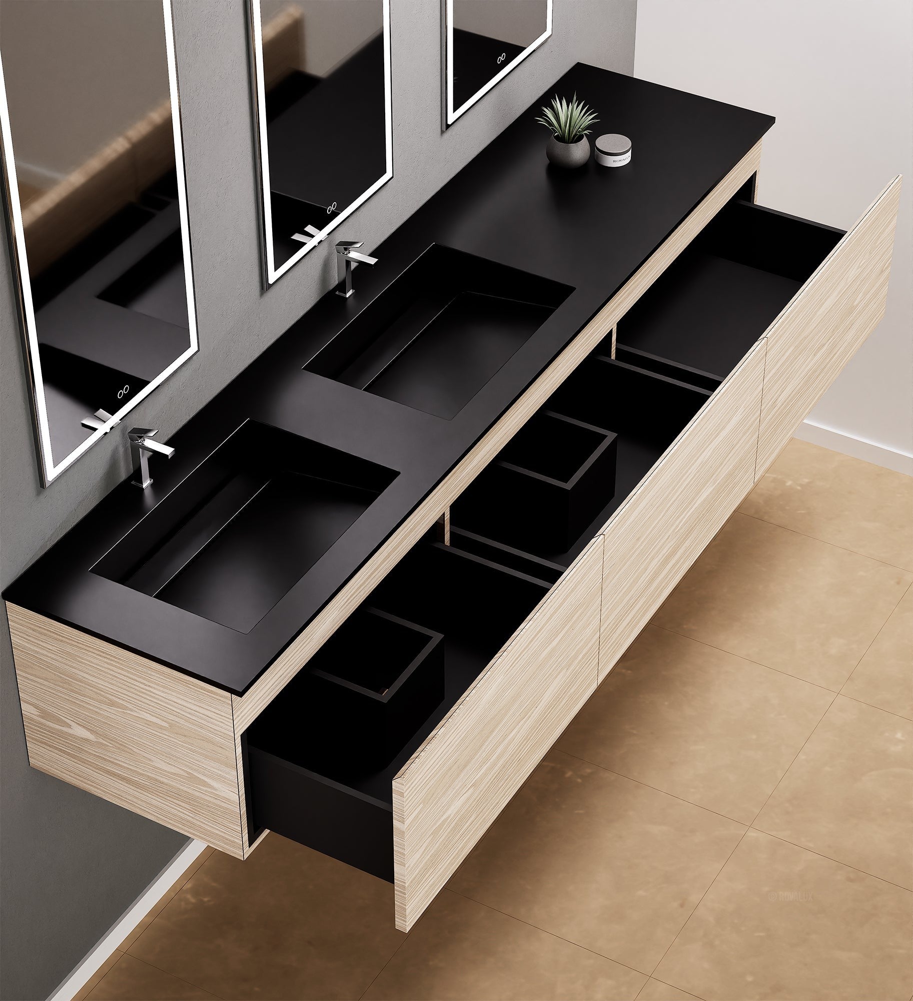 Aurora – Double Corian® Basin Unit with 3 Aligned Drawers - ROVALUX