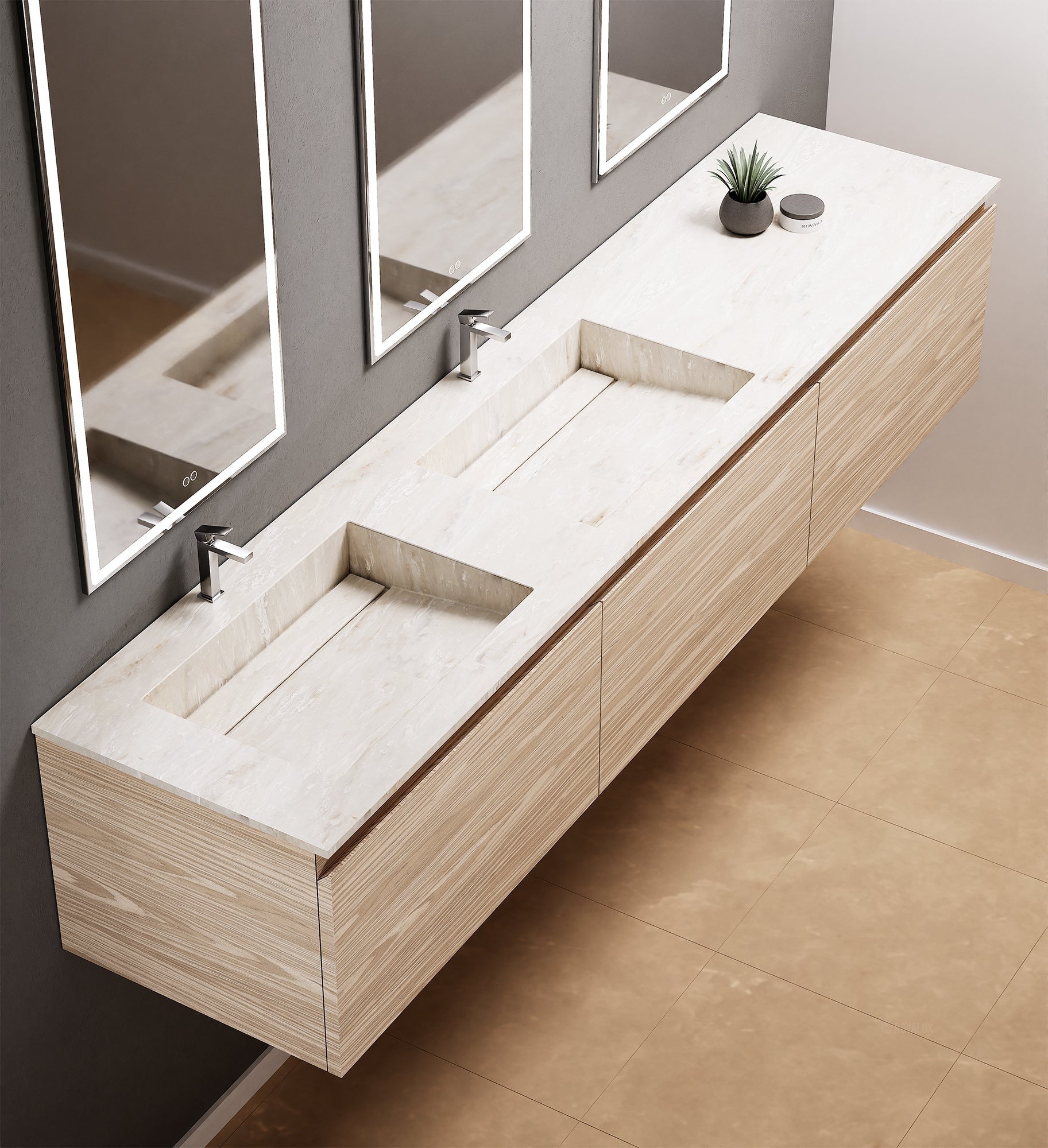 Aurora – Double Corian® Basin Unit with 3 Aligned Drawers - ROVALUX