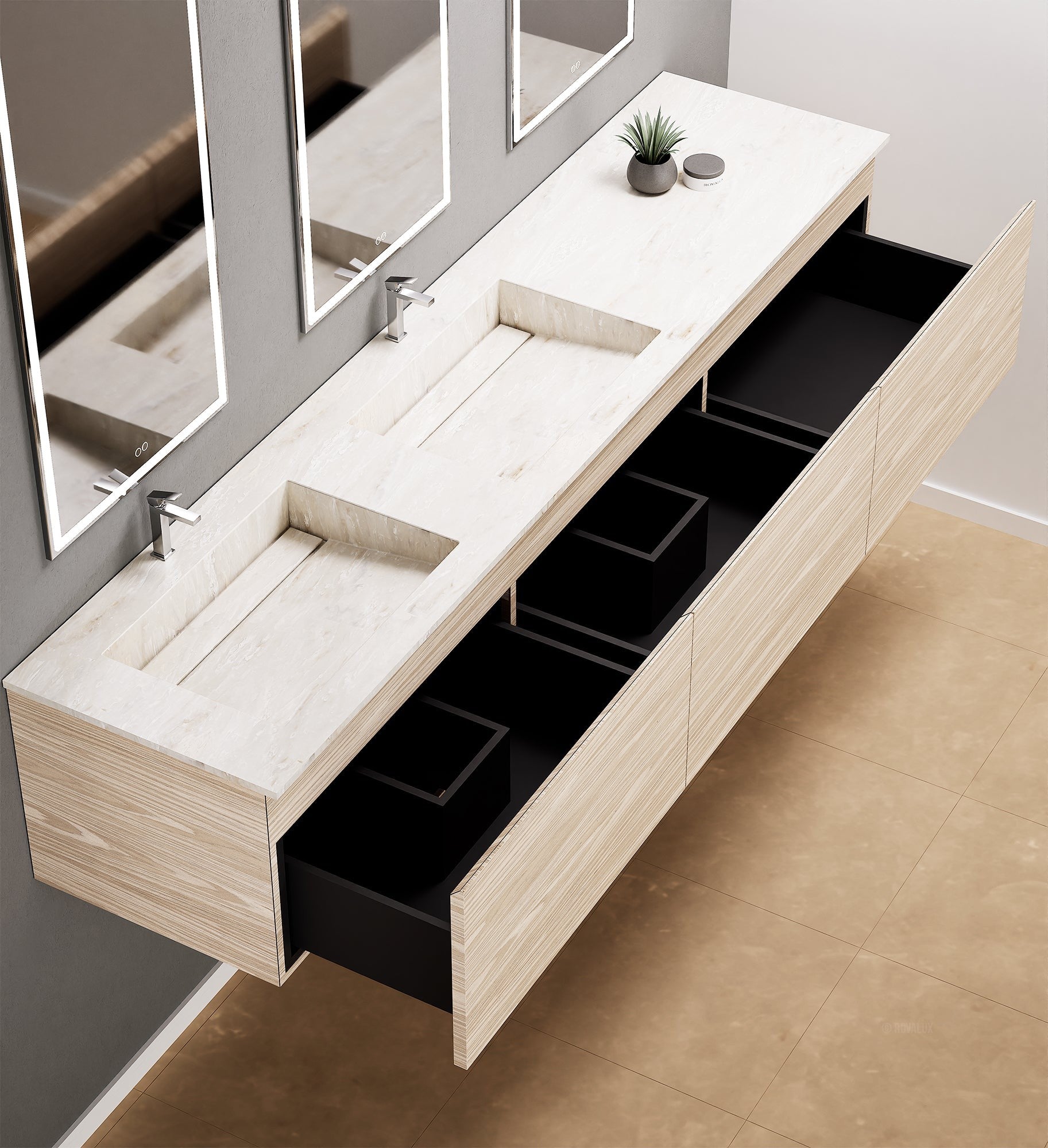 Aurora – Double Corian® Basin Unit with 3 Aligned Drawers - ROVALUX
