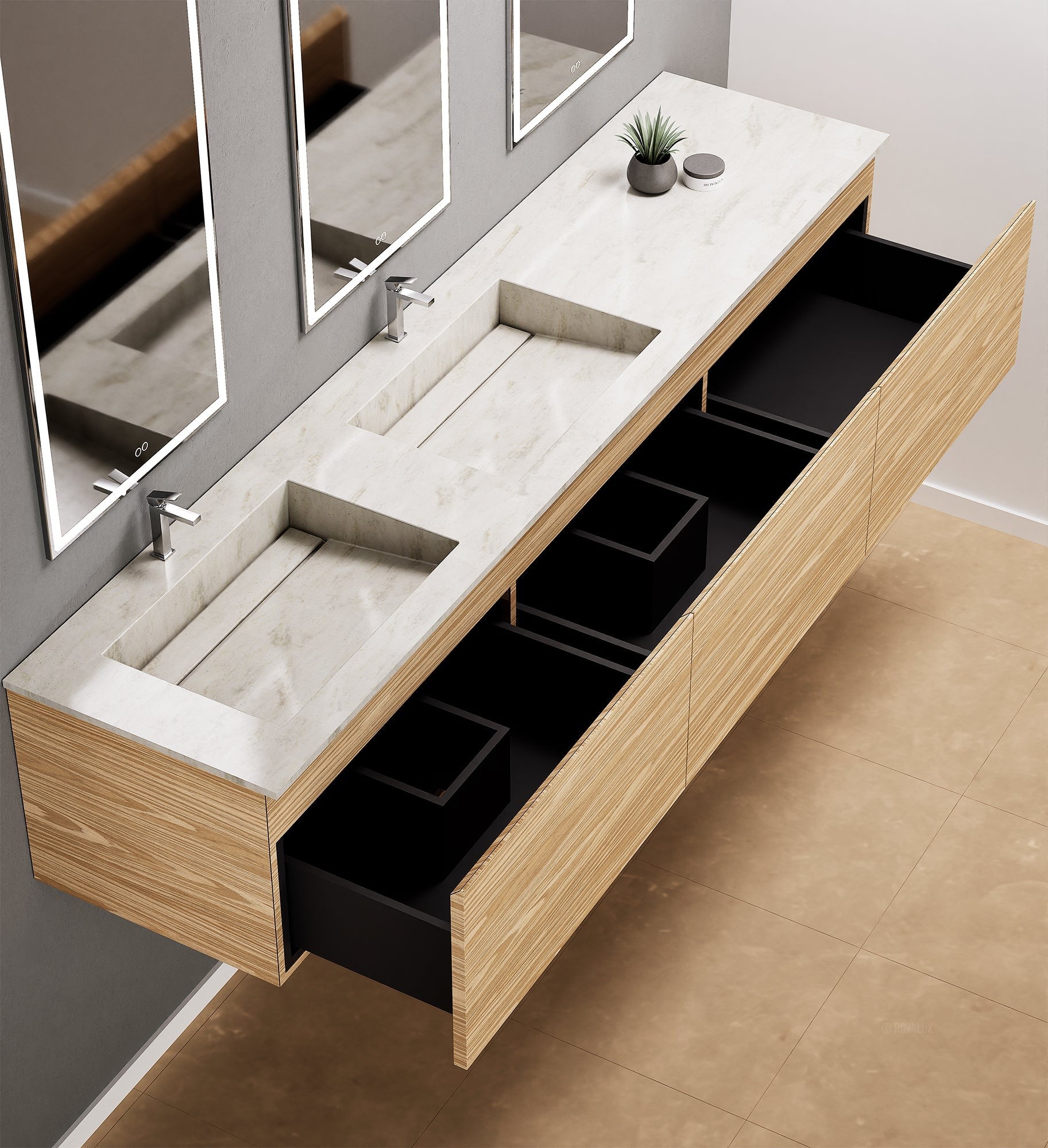 Aurora – Double Corian® Basin Unit with 3 Aligned Drawers - ROVALUX