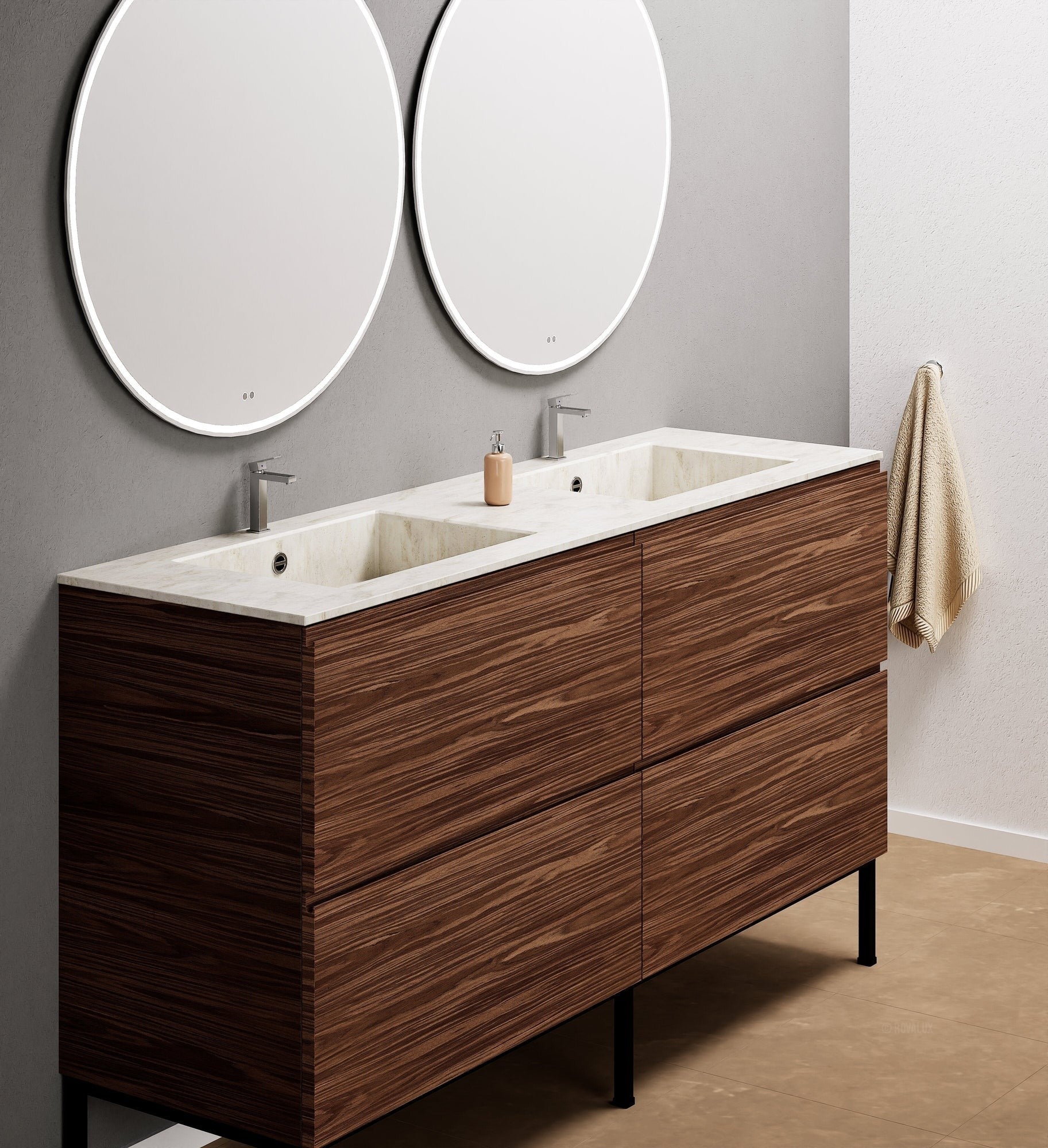 Aurora – Double Corian® Basin Unit with 4 Drawers and Feet-Standing Vanity - ROVALUX