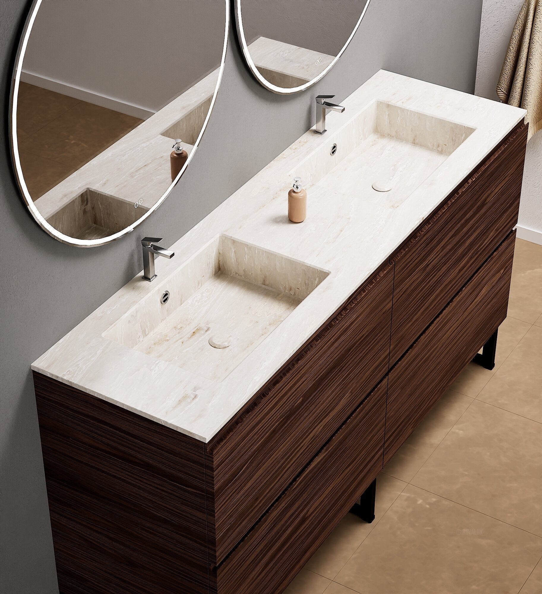 Aurora – Double Corian® Basin Unit with 4 Drawers and Feet-Standing Vanity - ROVALUX