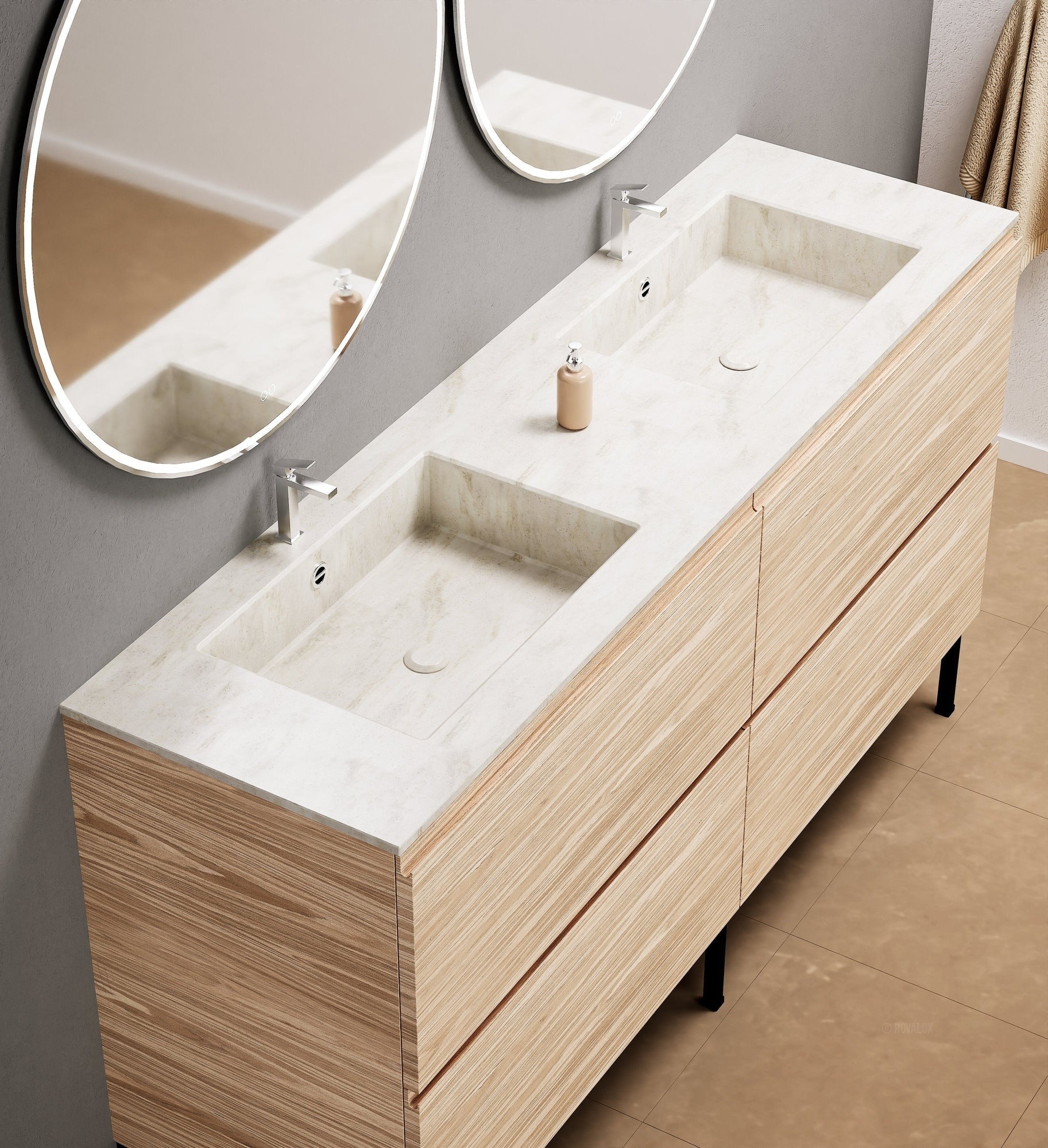 Aurora – Double Corian® Basin Unit with 4 Drawers and Feet-Standing Vanity - ROVALUX