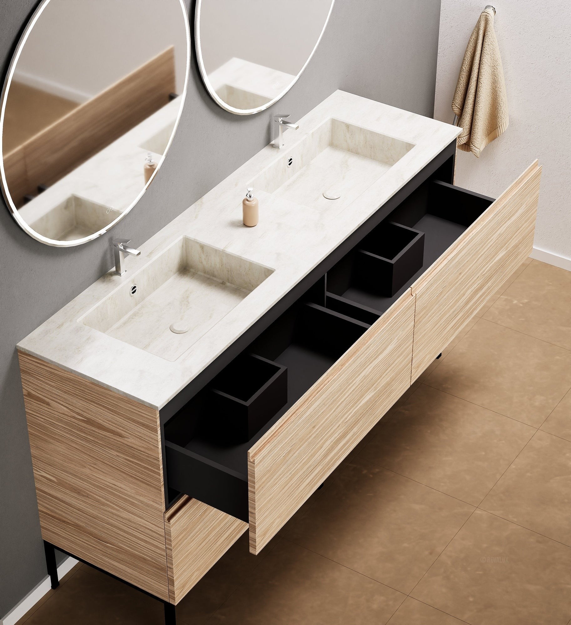 Aurora – Double Corian® Basin Unit with 4 Drawers and Feet-Standing Vanity - ROVALUX