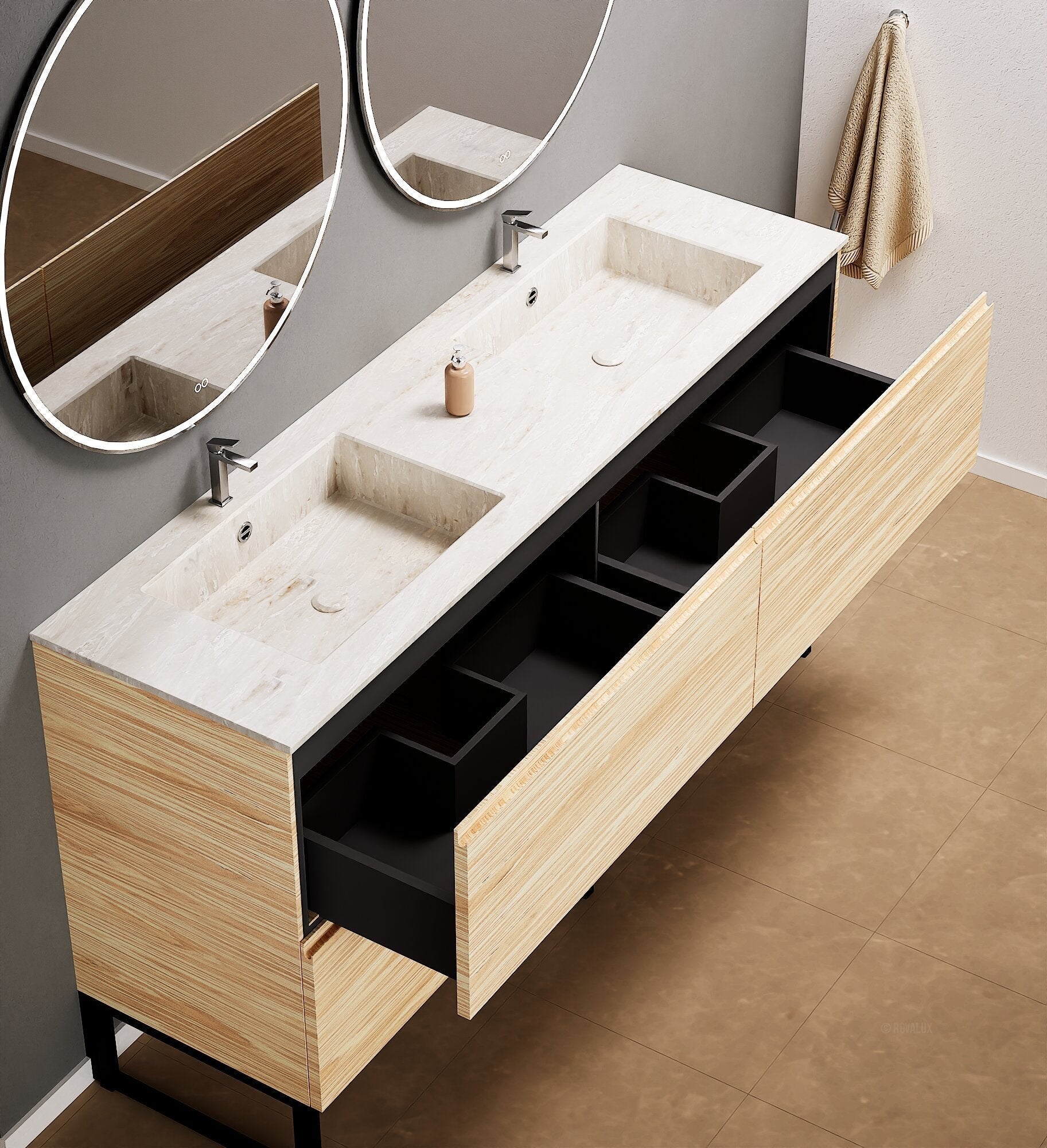 Aurora – Double Corian® Basin Unit with 4 Drawers and Feet-Standing Vanity - ROVALUX
