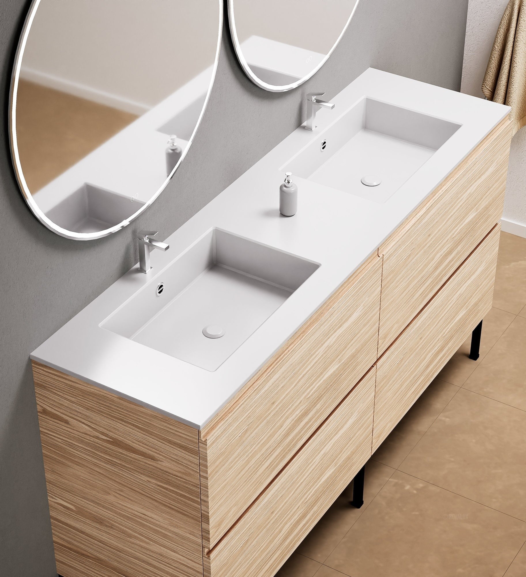 Aurora – Double Corian® Basin Unit with 4 Drawers and Feet-Standing Vanity - ROVALUX