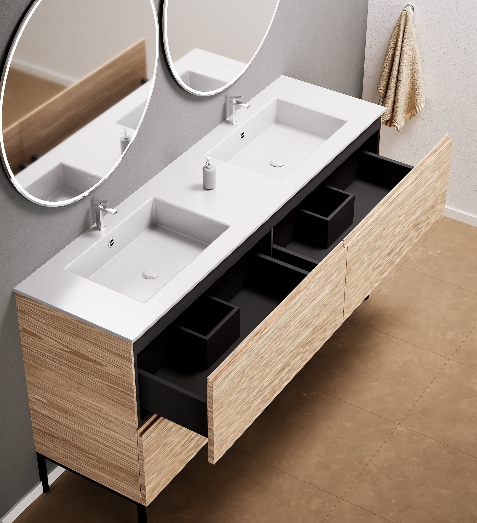 Aurora – Double Corian® Basin Unit with 4 Drawers and Feet-Standing Vanity - ROVALUX