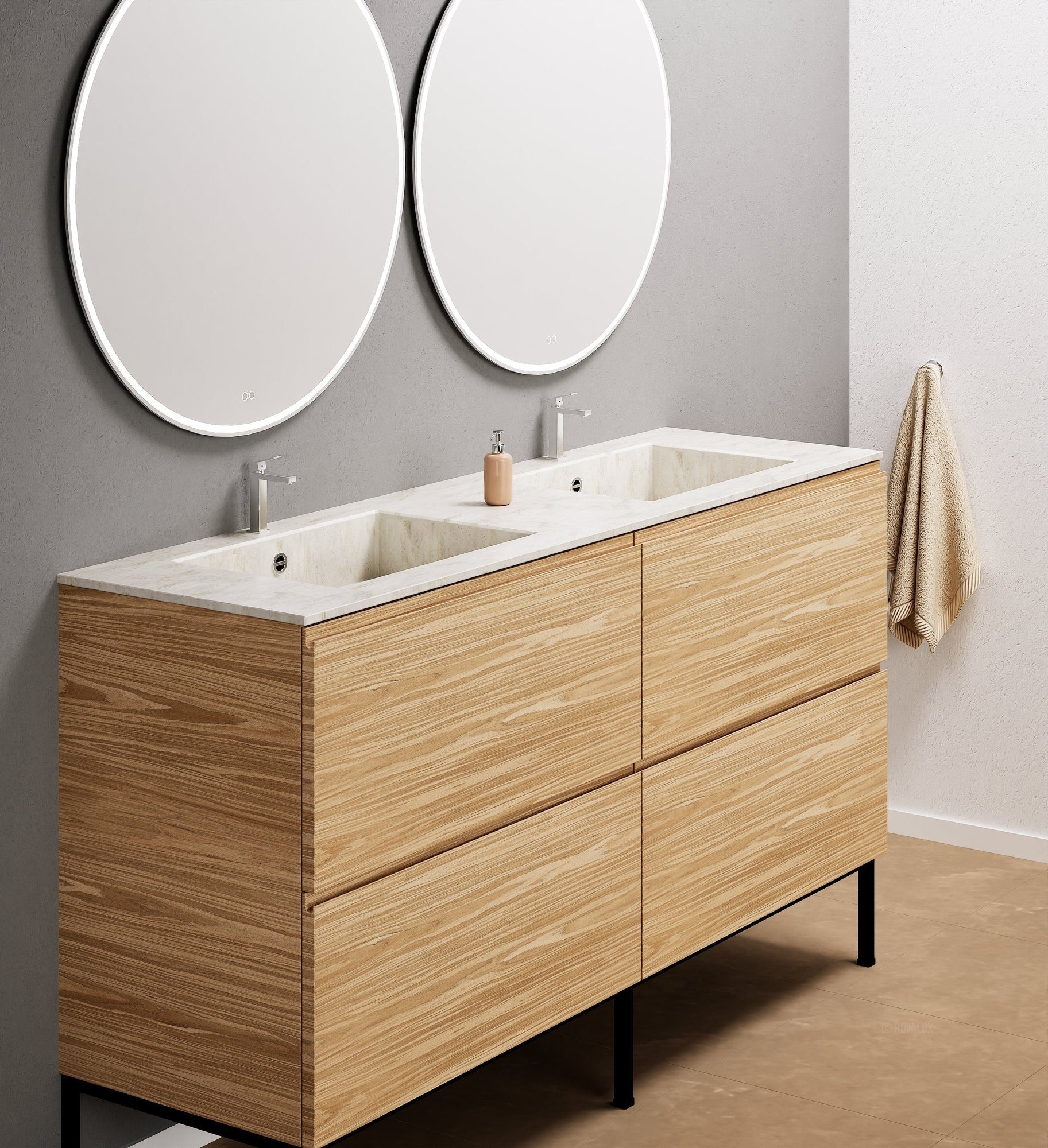 Aurora – Double Corian® Basin Unit with 4 Drawers and Feet-Standing Vanity - ROVALUX