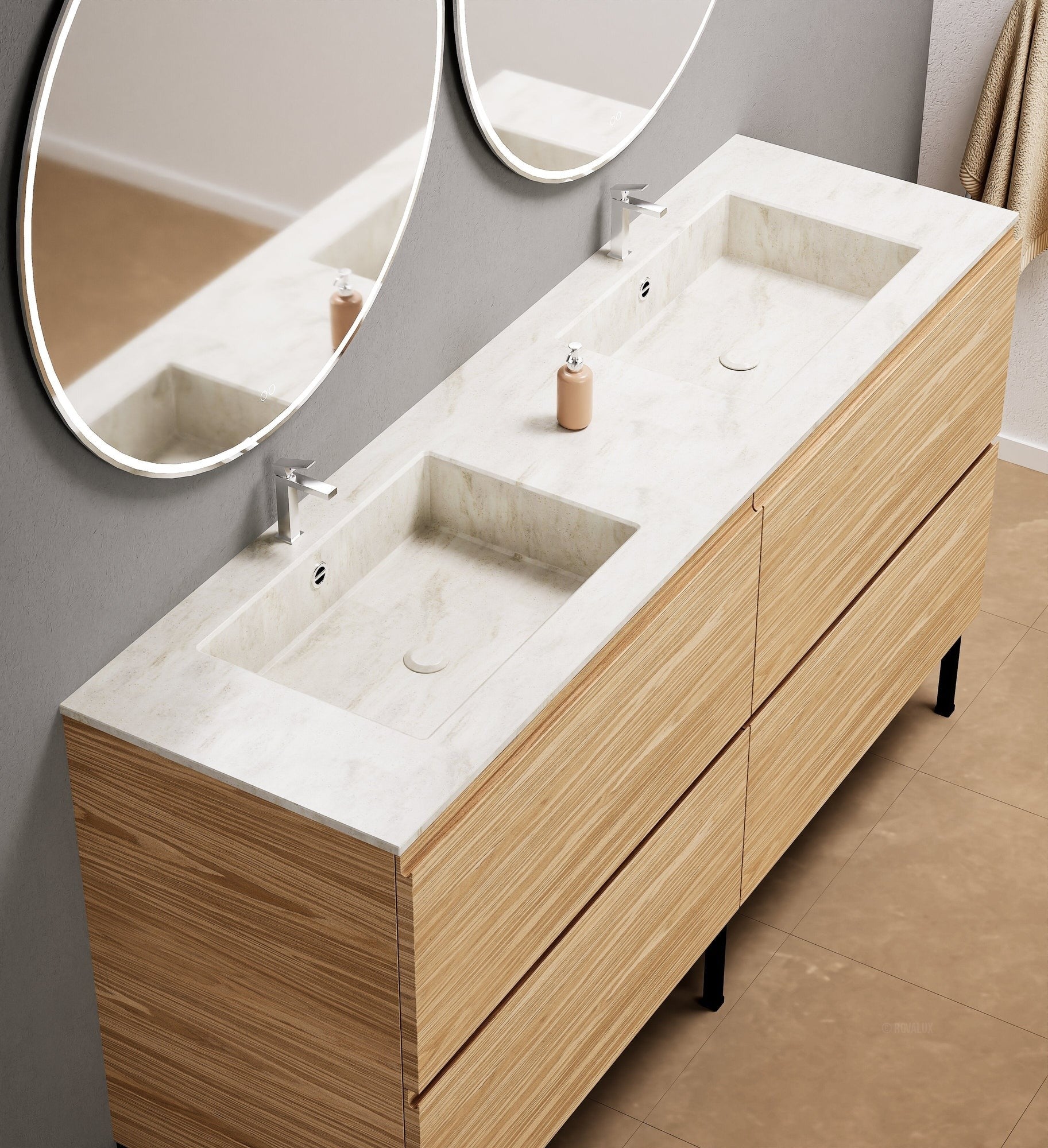 Aurora – Double Corian® Basin Unit with 4 Drawers and Feet-Standing Vanity - ROVALUX