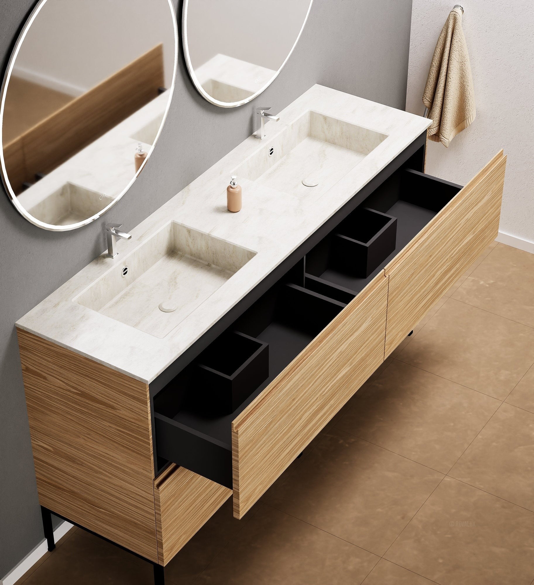 Aurora – Double Corian® Basin Unit with 4 Drawers and Feet-Standing Vanity - ROVALUX