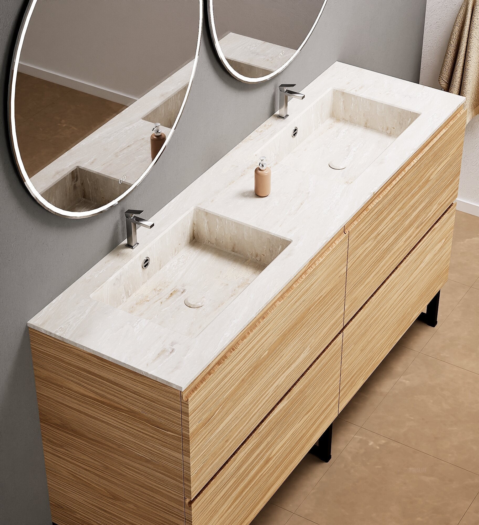 Aurora – Double Corian® Basin Unit with 4 Drawers and Feet-Standing Vanity - ROVALUX