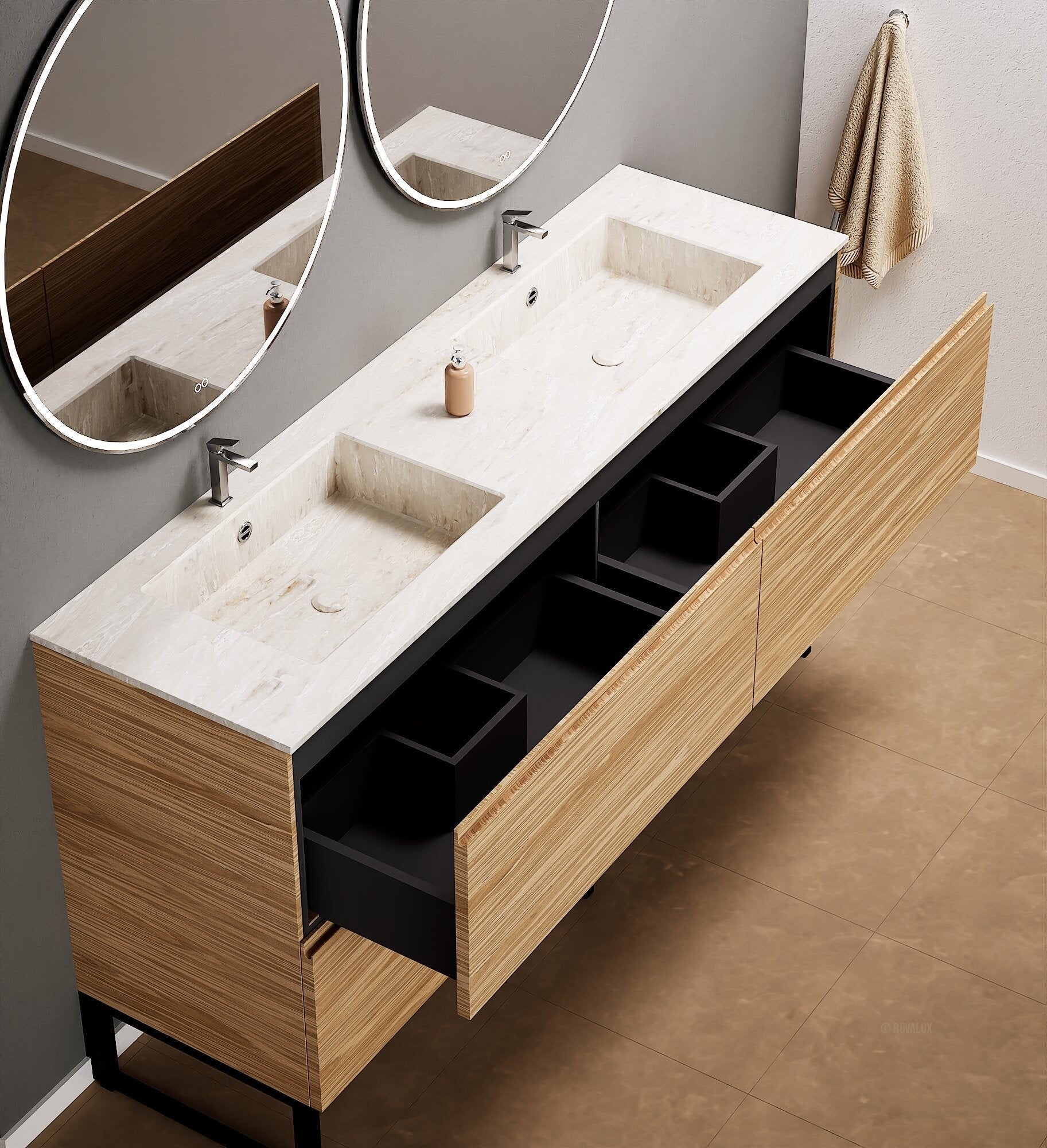Aurora – Double Corian® Basin Unit with 4 Drawers and Feet-Standing Vanity - ROVALUX