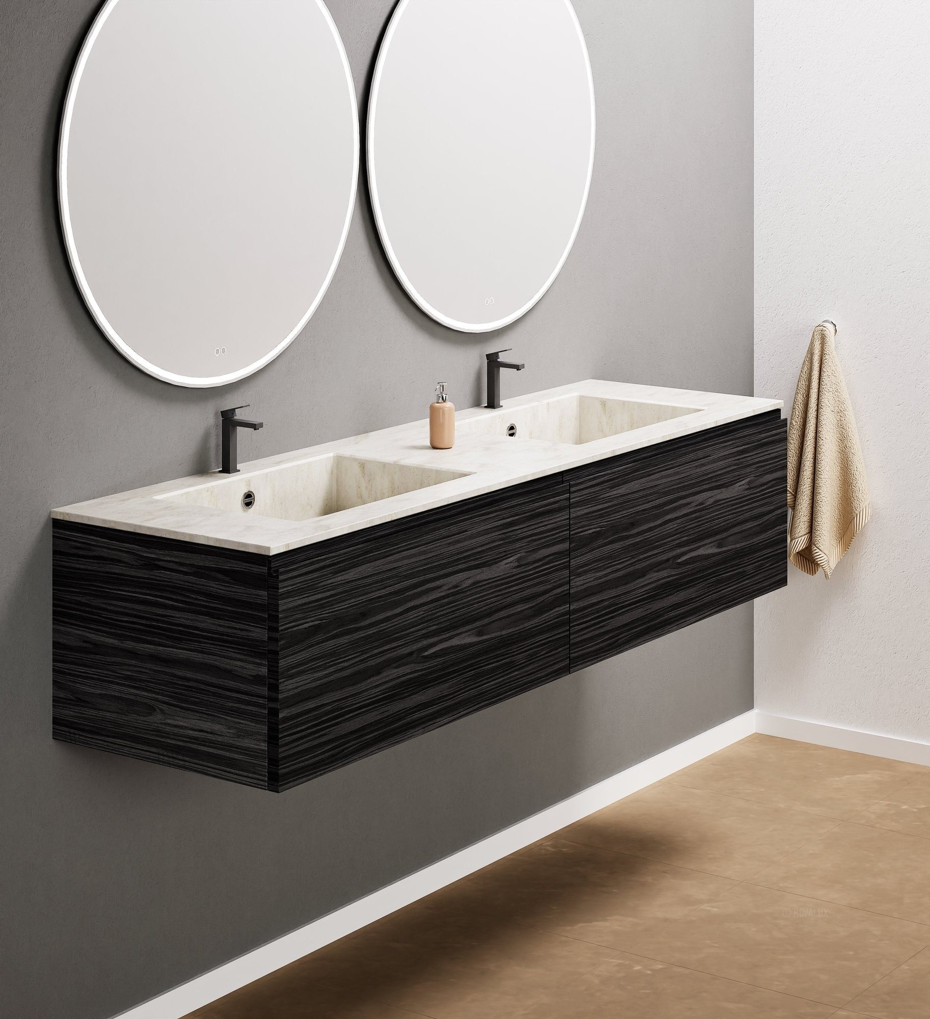 Aurora Double Set – Corian double Sinks & Countertop with 2 Drawers Vanity - ROVALUX