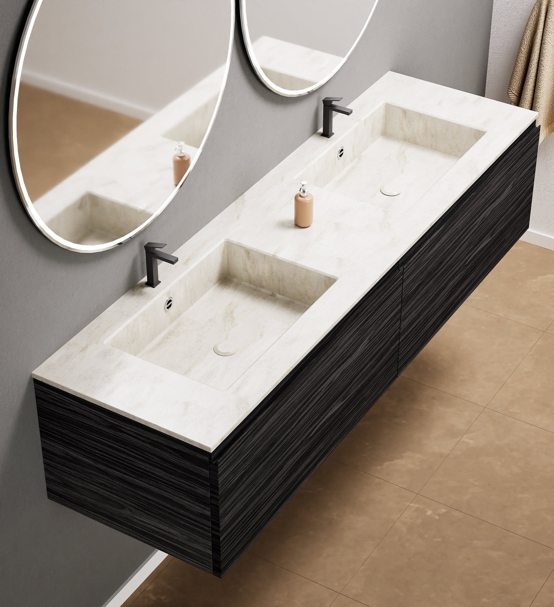 Aurora Double Set – Corian double Sinks & Countertop with 2 Drawers Vanity - ROVALUX