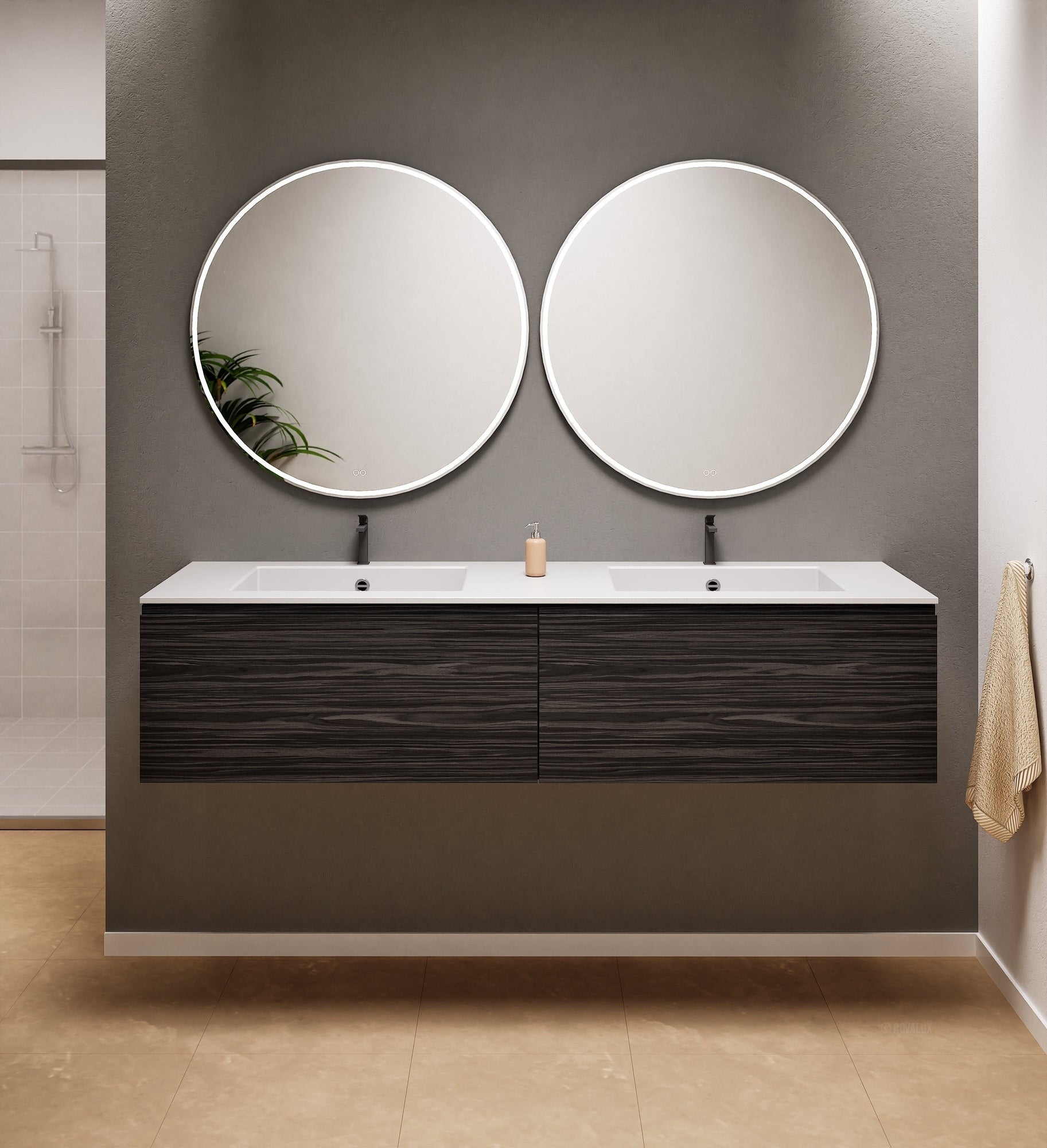 Aurora Double Set – Corian double Sinks & Countertop with 2 Drawers Vanity - ROVALUX