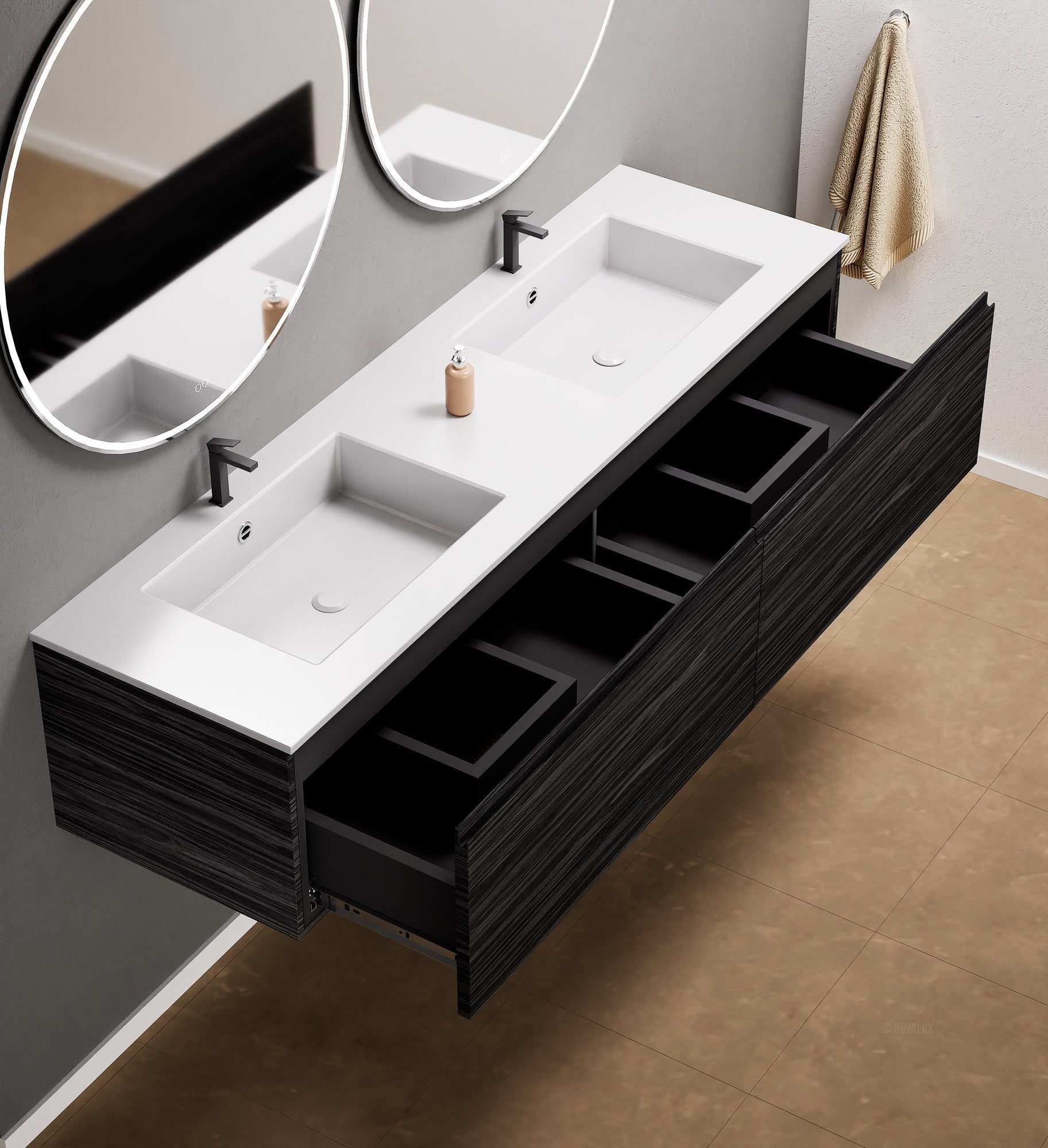 Aurora Double Set – Corian double Sinks & Countertop with 2 Drawers Vanity - ROVALUX