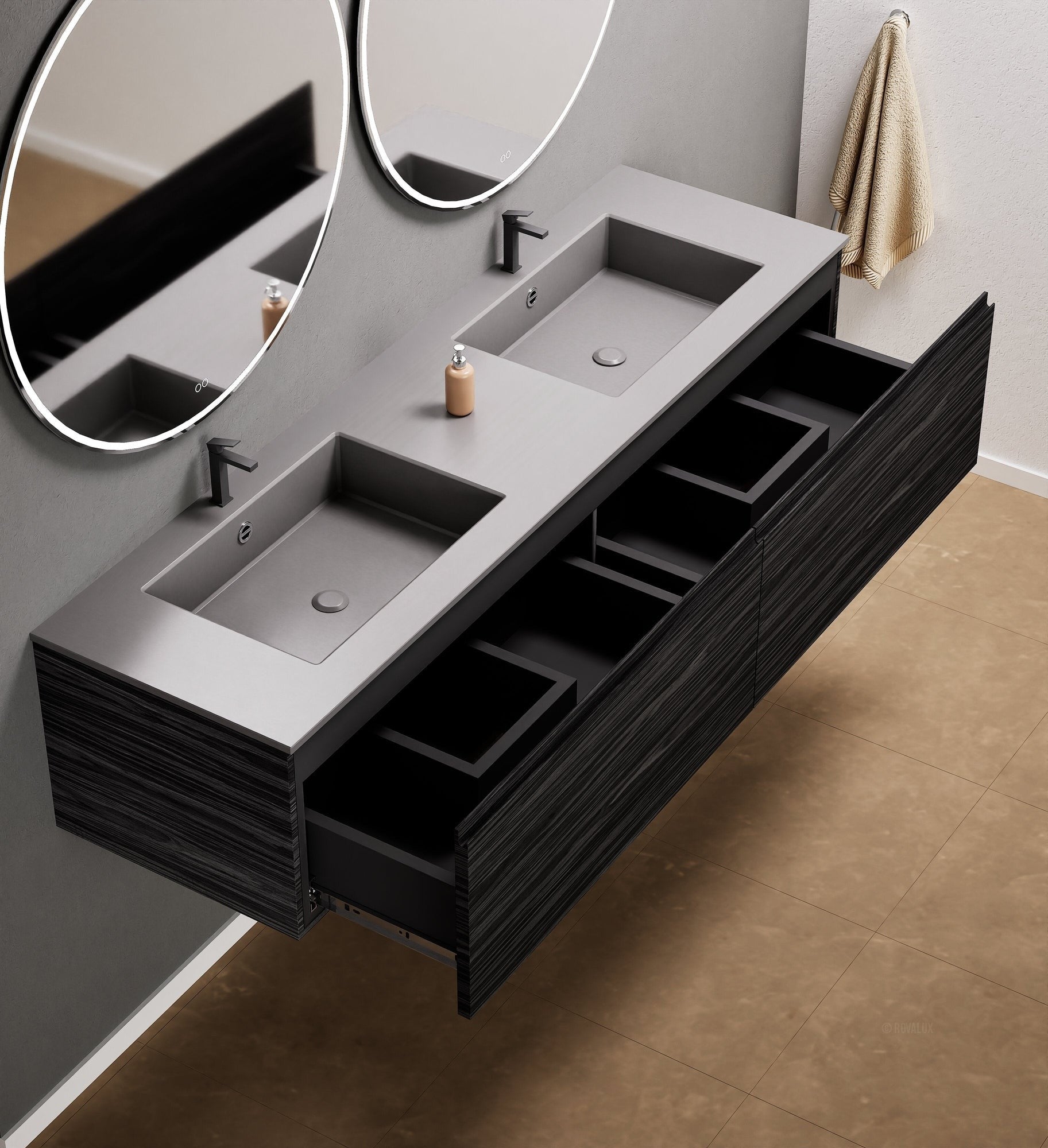 Aurora Double Set – Corian double Sinks & Countertop with 2 Drawers Vanity - ROVALUX