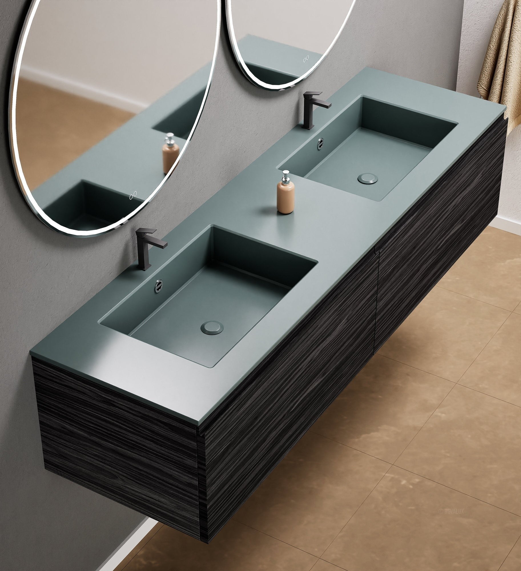 Aurora Double Set – Corian double Sinks & Countertop with 2 Drawers Vanity - ROVALUX
