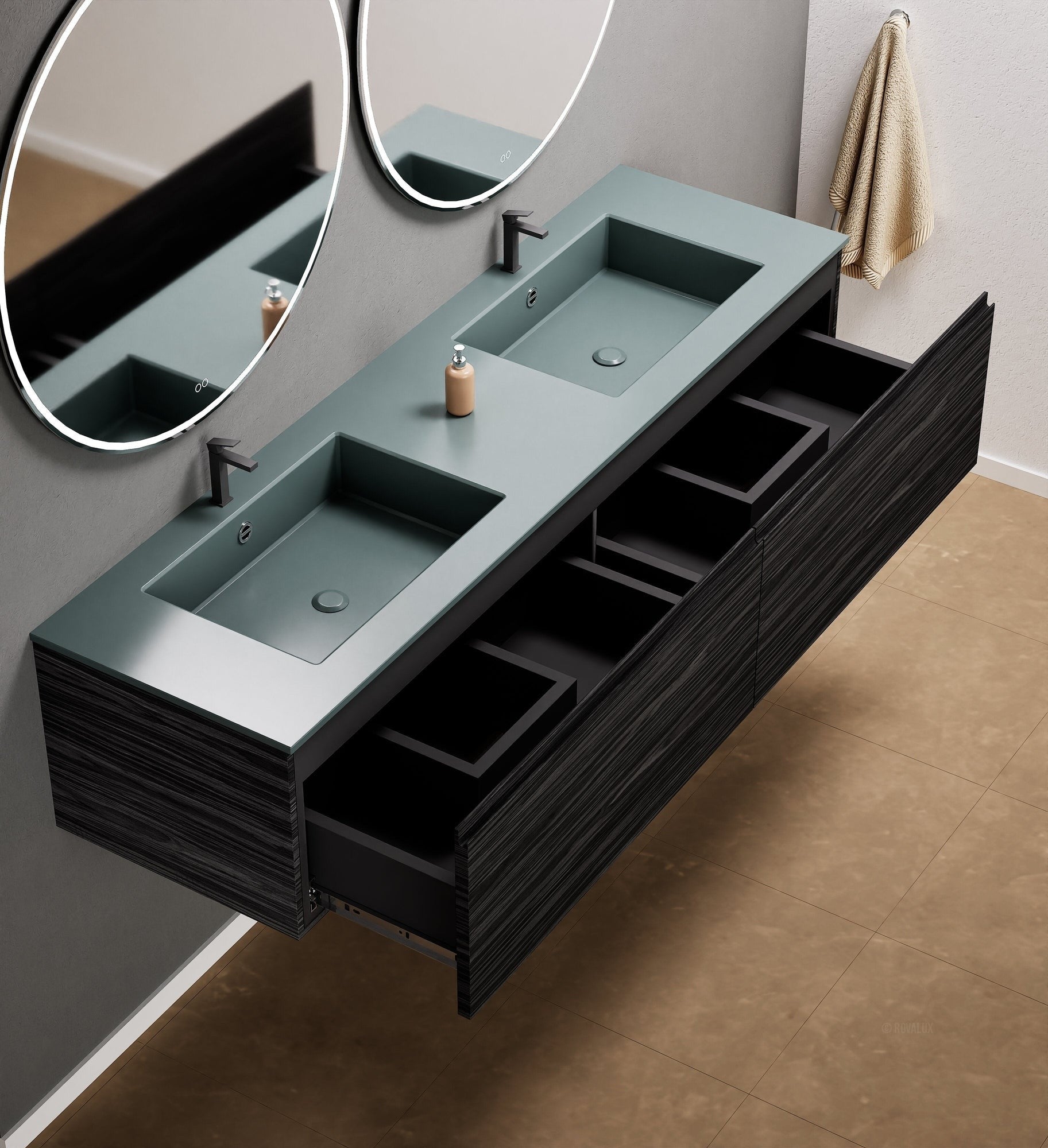 Aurora Double Set – Corian double Sinks & Countertop with 2 Drawers Vanity - ROVALUX